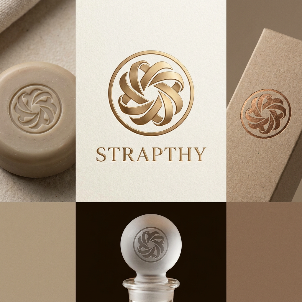 AI Design for Create a luxury beauty brand logo for STRAPTHY. Design a circular artisan emblem formed by a continuous flowing ribbon that folds elegantly into itself, symbolizing family legacy, craftsmanship, and timeless beauty. The shape should feel sculptural, balanced, and premium, with beautiful negative space and subtle hidden geometry. No leaves, flowers, eyes, droplets, butterflies, or obvious monograms. Inspired by luxury soap houses, niche fragrance brands, and modern beauty companies. Suitable for embossing on handmade soaps, cosmetic cartons, skincare bottles, and premium beige packaging. Quiet luxury aesthetic, refined vector logo, world-class branding quality.