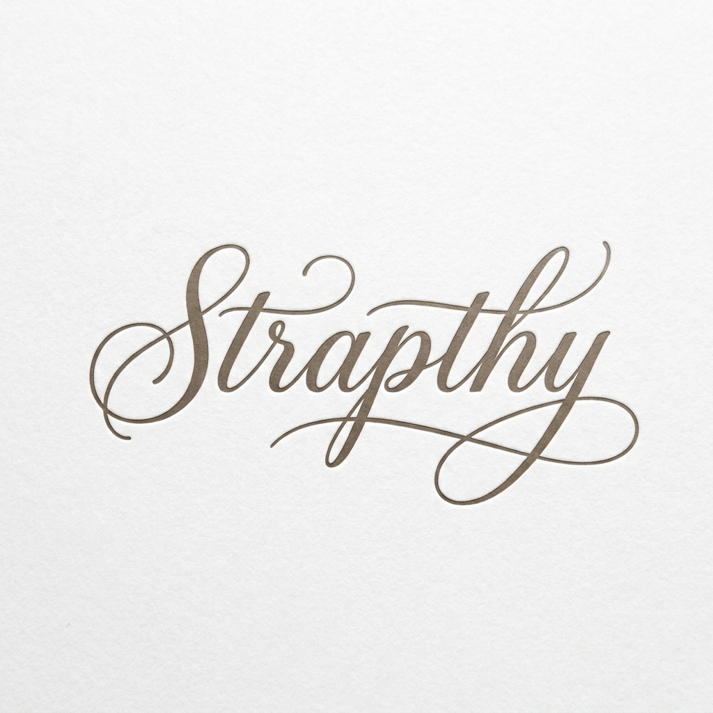 AI Design for Design a luxury beauty brand wordmark for "Strapthy". Elegant signature-inspired typography with refined flowing curves and excellent readability. Premium cosmetic branding, beige packaging aesthetic, timeless luxury, handcrafted yet sophisticated. Inspired by niche fragrance houses and artisan beauty brands. Minimalist, confident, memorable. No icons or symbols. The typography itself should feel distinctive and premium. Suitable for skincare, cosmetics, soaps, body care, and fragrance products. Clean white background, high-end editorial branding.ally recognizable.