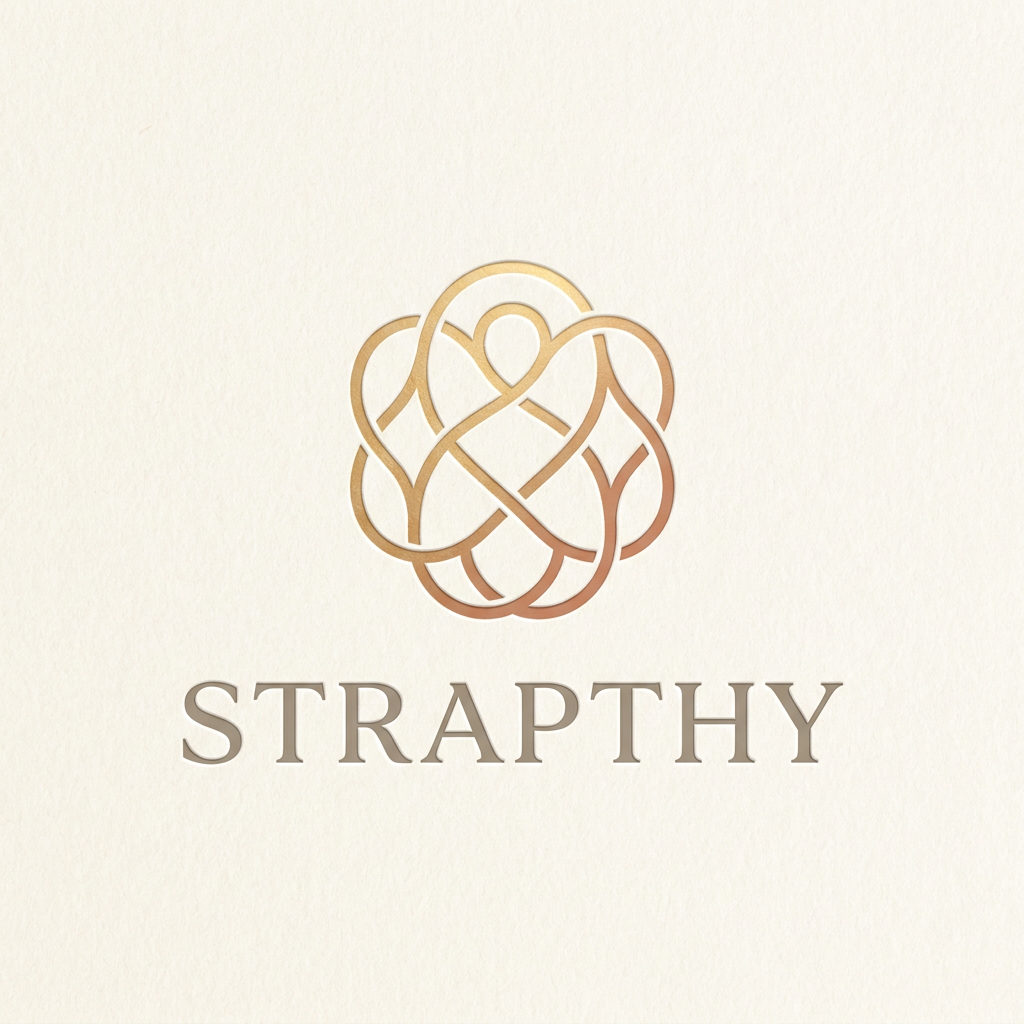 AI Design for Create a luxury beauty emblem for STRAPTHY using abstract interconnected lines that symbolize multiple identities joining into one. The symbol should feel meaningful and emotional while remaining elegant and minimal. No obvious letters should be visible at first glance, but the geometry should subtly suggest connection and unity. Premium cosmetic branding, sophisticated negative space, luxury skincare aesthetic, suitable for embossing and foil stamping. Warm neutral palette, timeless vector logo.