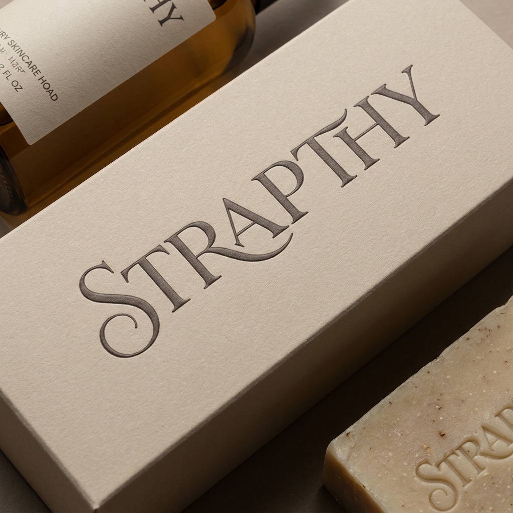 AI Design for Create a world-class luxury cosmetic wordmark for STRAPTHY. Design bespoke serif typography with a sculptural S and a distinctive TH ligature. Elegant curves, refined proportions, premium spacing, subtle artisan craftsmanship, timeless beauty-house aesthetic. No separate icon. The wordmark itself should be memorable enough to function as the brand identity. Suitable for beige luxury packaging, skincare, cosmetics, fragrances, and handcrafted soaps. Minimal, sophisticated, and globally recognizable.