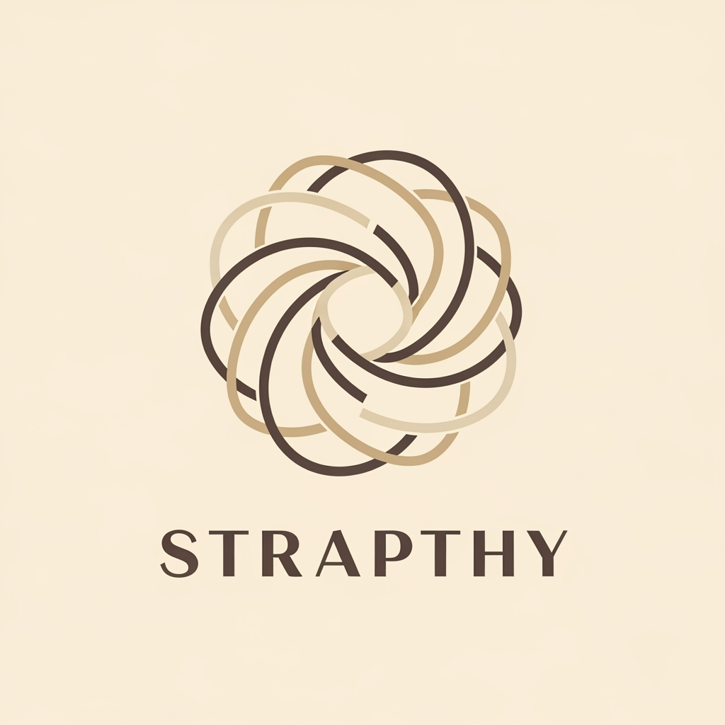 AI Design for Design a luxury cosmetic and skincare logo for STRAPTHY. Create an abstract circular emblem formed from a single flowing ribbon-like line. The symbol should represent connection, heritage, and family legacy without using literal initials, leaves, flowers, droplets, or eyes. Elegant overlapping curves, balanced negative space, sculptural geometry, quiet luxury aesthetic. The emblem should feel timeless, premium, and distinctive when embossed on soap bars, cosmetic cartons, glass bottles, and beauty packaging. Inspired by luxury beauty houses, artisan craftsmanship, and modern elegance. Beige, ivory, taupe, and deep mocha color palette. High-end vector logo design.