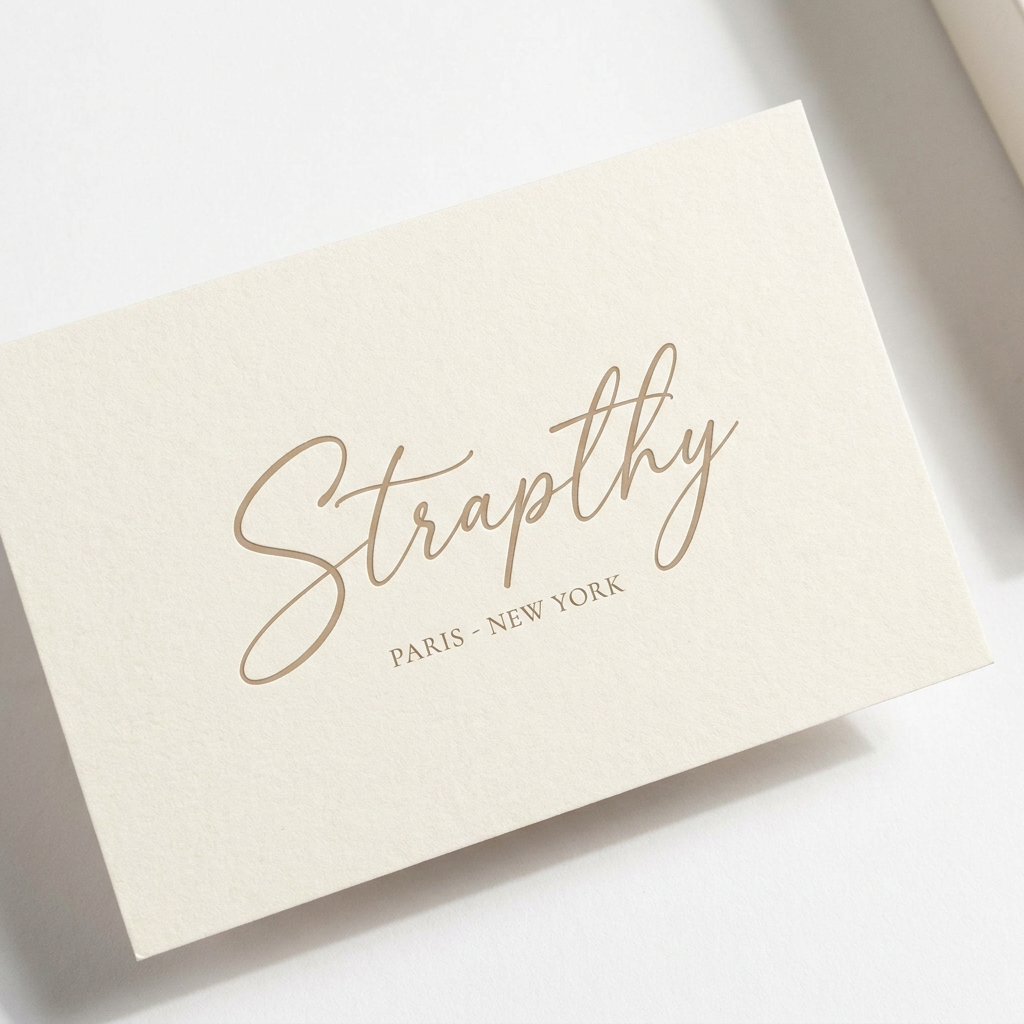 AI Design for Design a luxury beauty brand wordmark for "Strapthy". Elegant signature-inspired typography with refined flowing curves and excellent readability. Premium cosmetic branding, beige packaging aesthetic, timeless luxury, handcrafted yet sophisticated. Inspired by niche fragrance houses and artisan beauty brands. Minimalist, confident, memorable. No icons or symbols. The typography itself should feel distinctive and premium. Suitable for skincare, cosmetics, soaps, body care, and fragrance products. Clean white background, high-end editorial branding.ally recognizable.