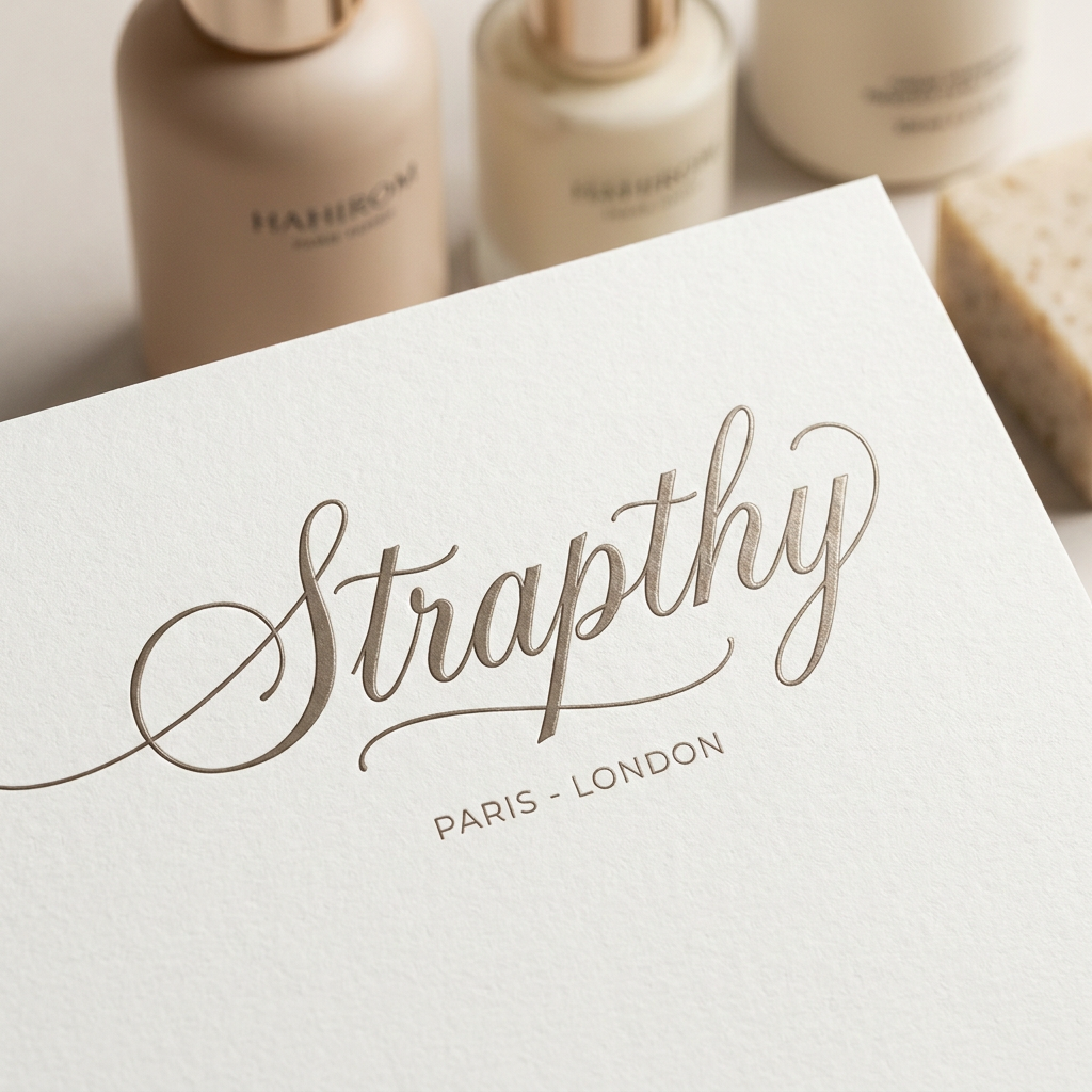 AI Design for Design a luxury beauty brand wordmark for "Strapthy". Elegant signature-inspired typography with refined flowing curves and excellent readability. Premium cosmetic branding, beige packaging aesthetic, timeless luxury, handcrafted yet sophisticated. Inspired by niche fragrance houses and artisan beauty brands. Minimalist, confident, memorable. No icons or symbols. The typography itself should feel distinctive and premium. Suitable for skincare, cosmetics, soaps, body care, and fragrance products. Clean white background, high-end editorial branding.ally recognizable.