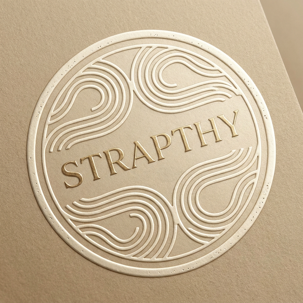 AI Design for A sophisticated, minimalist artisan seal logo for STRAPTHY, presented as a circular emblem with organic, flowing geometric lines and subtle, deliberate imperfections. The design features a refined, symmetrical aesthetic inspired by premium skincare embossing, utilizing a warm beige and ivory color palette. Rendered as a clean, high-contrast vector graphic suitable for foil stamping and luxury packaging, focusing on tactile depth and timeless elegance without the use of botanical or figurative elements.
