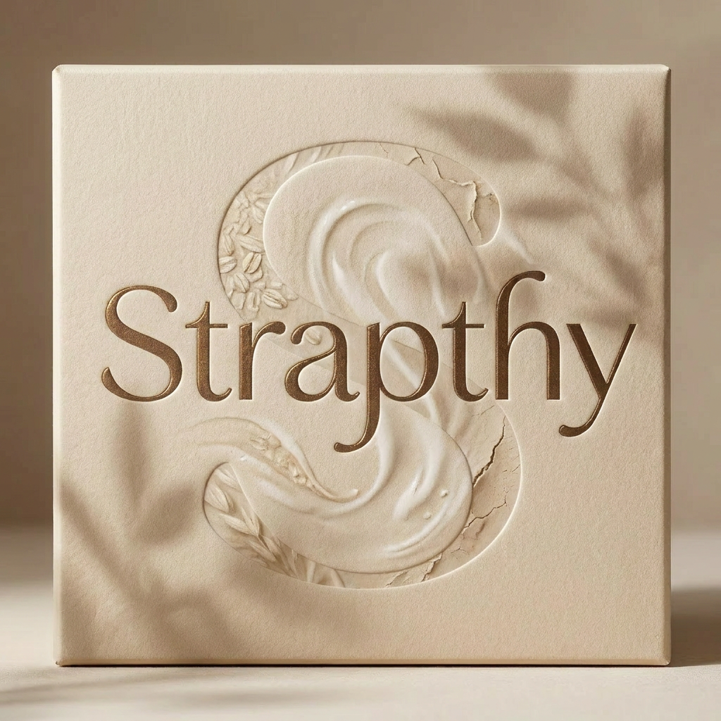 AI Design for Design a world-class luxury skincare and beauty packaging concept for STRAPTHY. Preserve the elegant custom wordmark as the sole logo. Behind the typography, place an oversized faded watermark derived from the letter S, blended with subtle organic textures inspired by oats, milk, clay, and botanical shadows. No leaves, no flowers, no droplets, no obvious skincare symbols. Warm beige and ivory palette, embossed luxury paper, soft natural lighting, editorial beauty aesthetic, artisan craftsmanship, premium cosmetic branding, timeless and sophisticated.