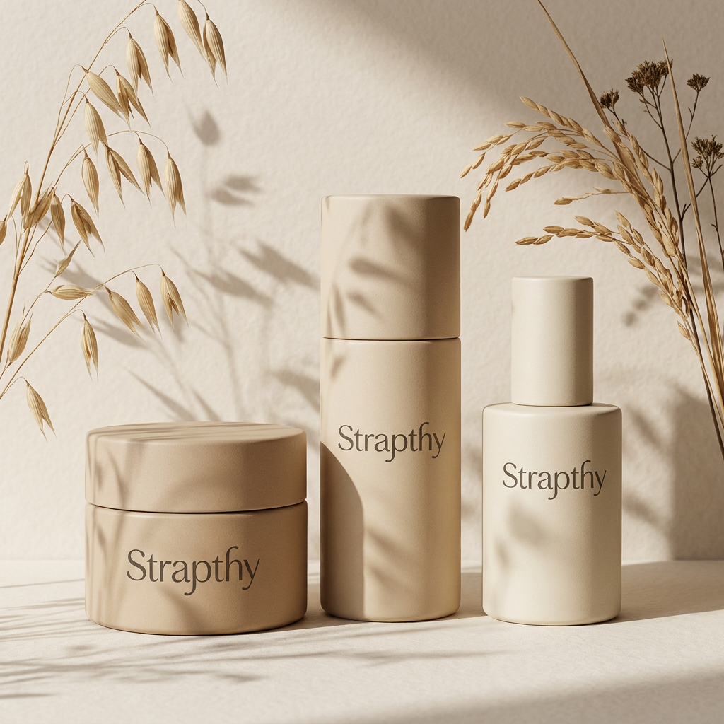AI Design for Design premium skincare packaging for STRAPTHY. Keep the Strapthy wordmark clean and elegant. Instead of adding botanical elements to the logo, place soft botanical shadows and delicate organic silhouettes in the background. Inspired by dried oats, rice stalks, wild botanicals, and natural ingredients. Extremely subtle and refined. Warm beige and ivory tones, luxury cosmetic packaging, editorial beauty photography, quiet luxury aesthetic, sophisticated and timeless.