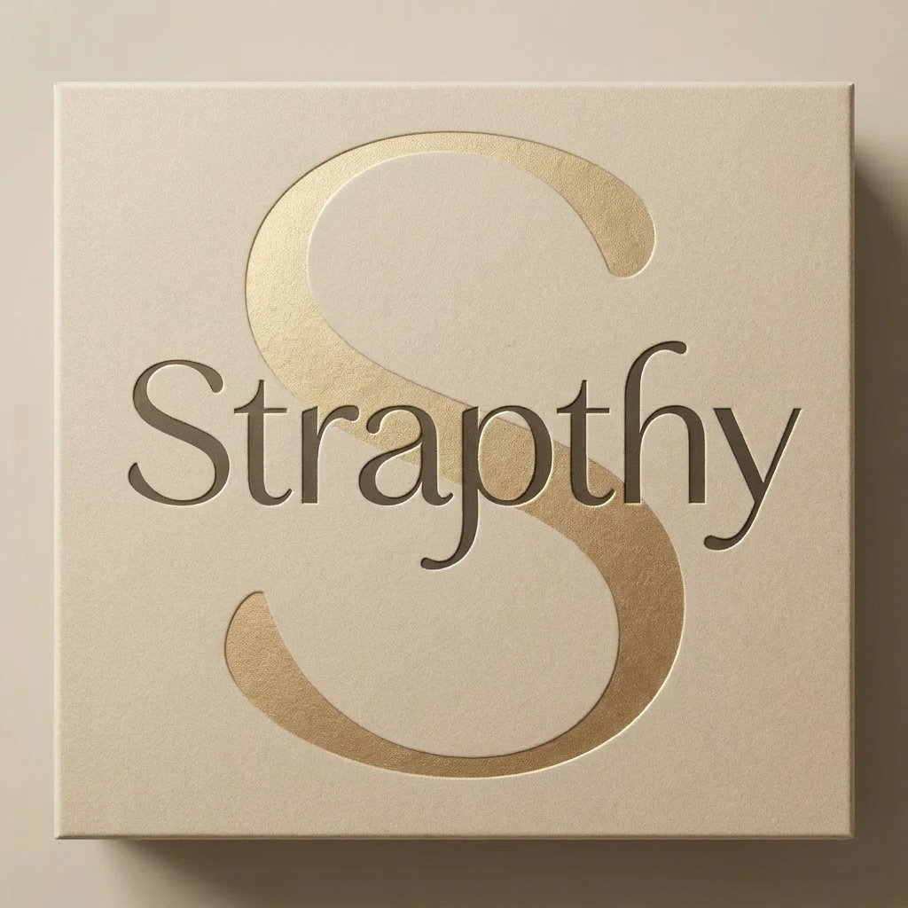 AI Design for jCreate a luxury cosmetic packaging design for STRAPTHY. Use the existing elegant Strapthy wordmark as the primary focus. Behind the logo, place an oversized faded ornamental S derived from the typography, enlarged to fill the composition like a watermark. The S should be subtle, sophisticated, and barely visible, creating depth without distracting from the brand name. Warm beige background, soft shadows, premium skincare aesthetic, luxury beauty house branding, minimal design, elegant negative space, embossed and foil-stamped appearance.