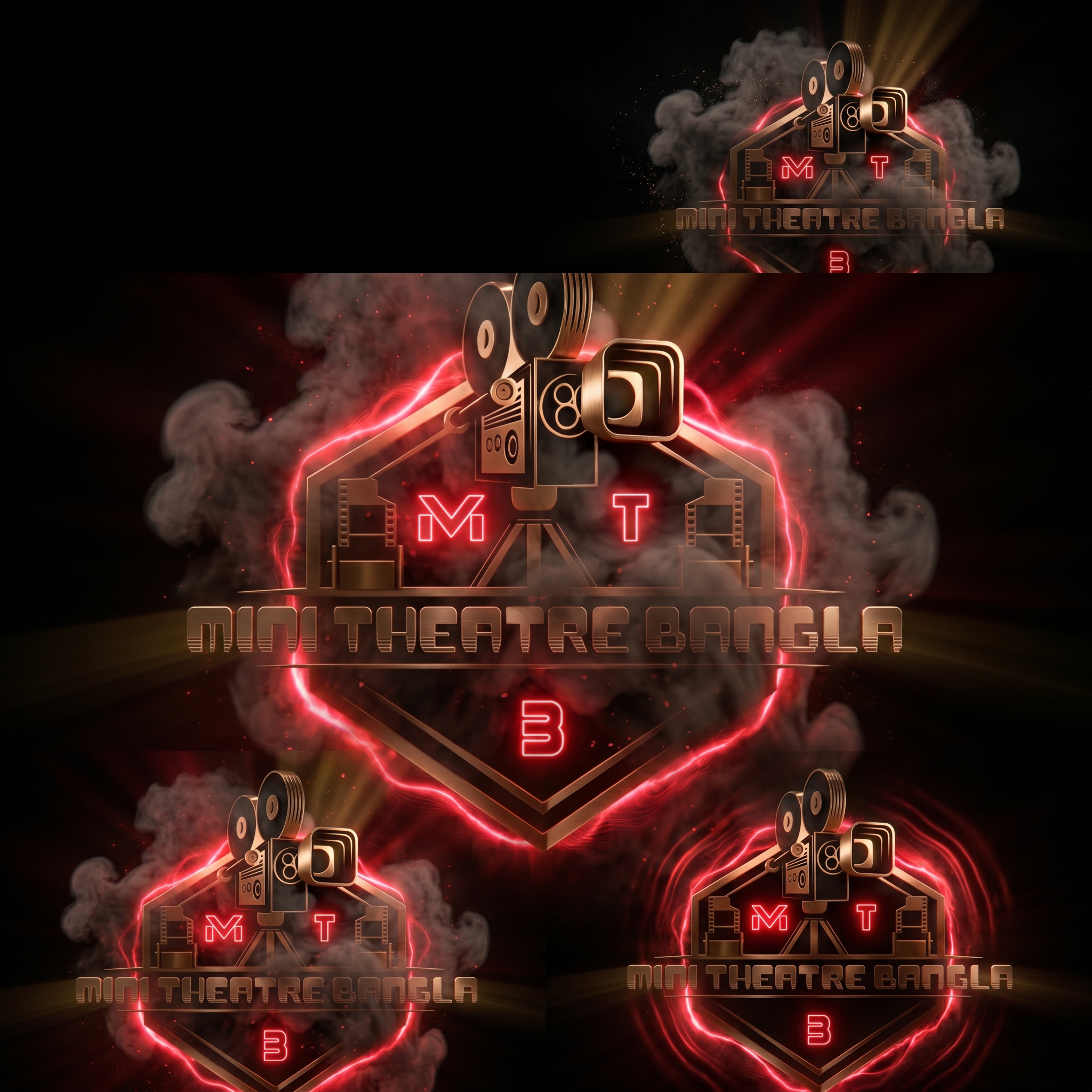 AI Design for Create a cinematic logo animation from a still image. Start with a dark black background, the logo appears from smoke and particles, red neon glow builds around the edges, smooth 3D zoom-in effect, light rays, energy waves, metallic shine, dramatic cinematic lighting, slow motion reveal, professional movie studio intro style, ultra realistic, 4K quality, 5-7 seconds.