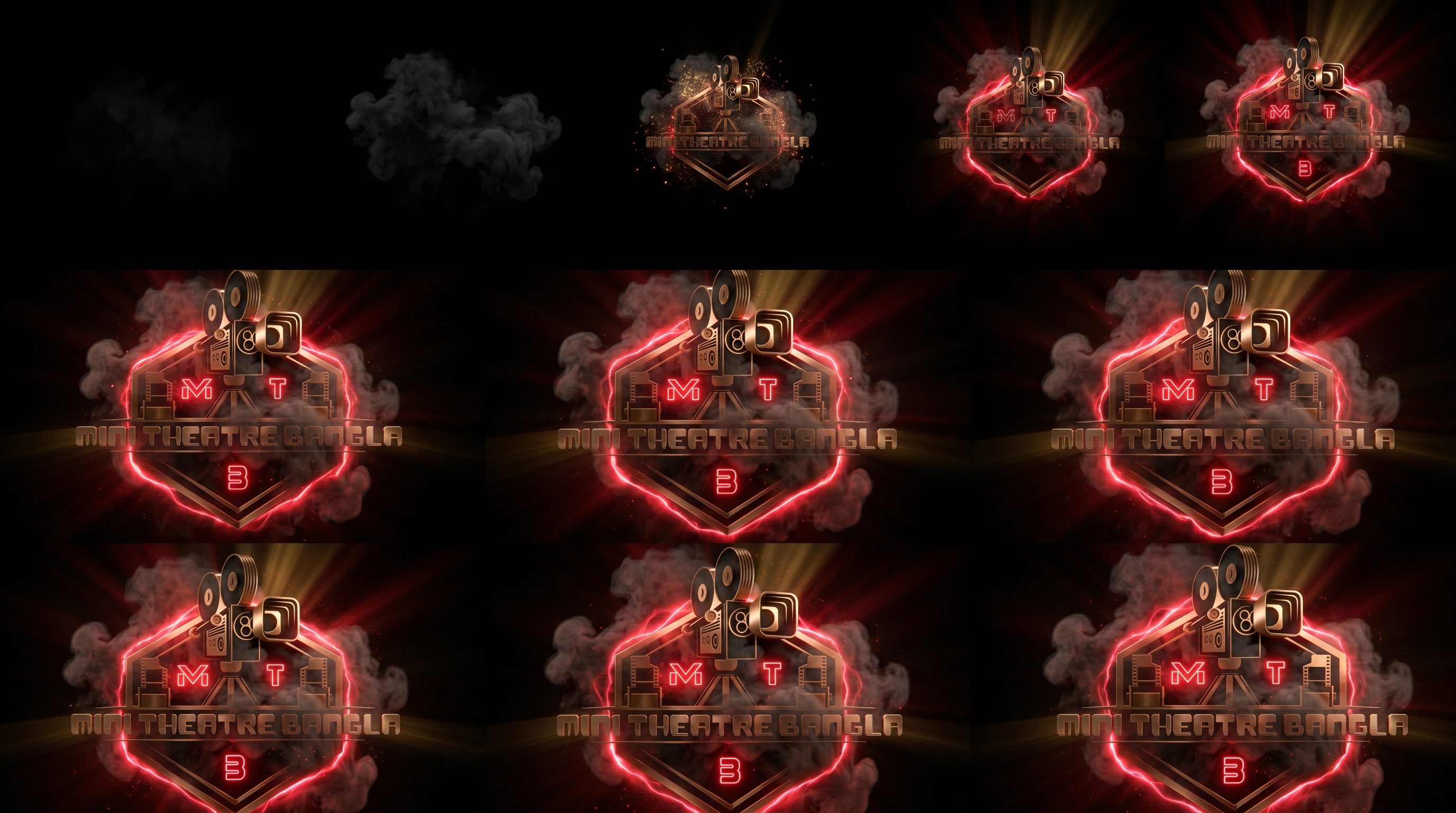 AI Design for Create a cinematic logo animation from a still image. Start with a dark black background, the logo appears from smoke and particles, red neon glow builds around the edges, smooth 3D zoom-in effect, light rays, energy waves, metallic shine, dramatic cinematic lighting, slow motion reveal, professional movie studio intro style, ultra realistic, 4K quality, 5-7 seconds.