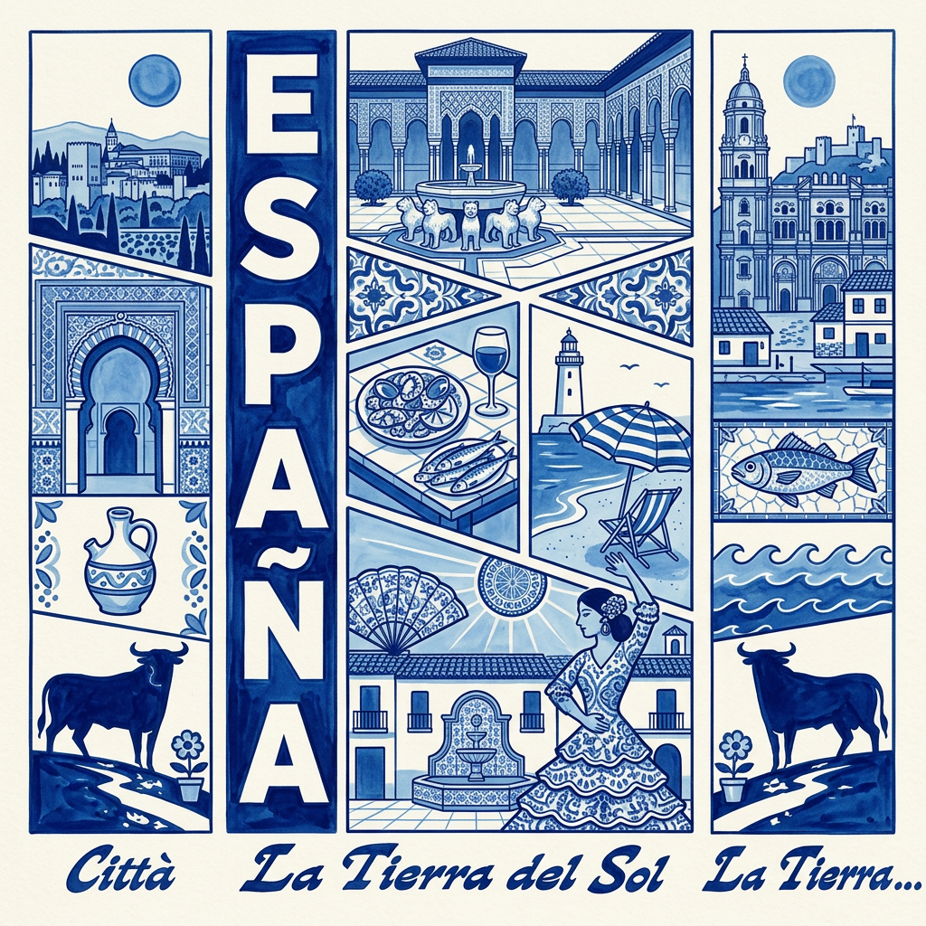 AI Design for basado en esta imagen, diseña algo parecido pero en colores y tonos azules, además de centrarte en elementos españoles como azulejos, granada, málaga, etc...