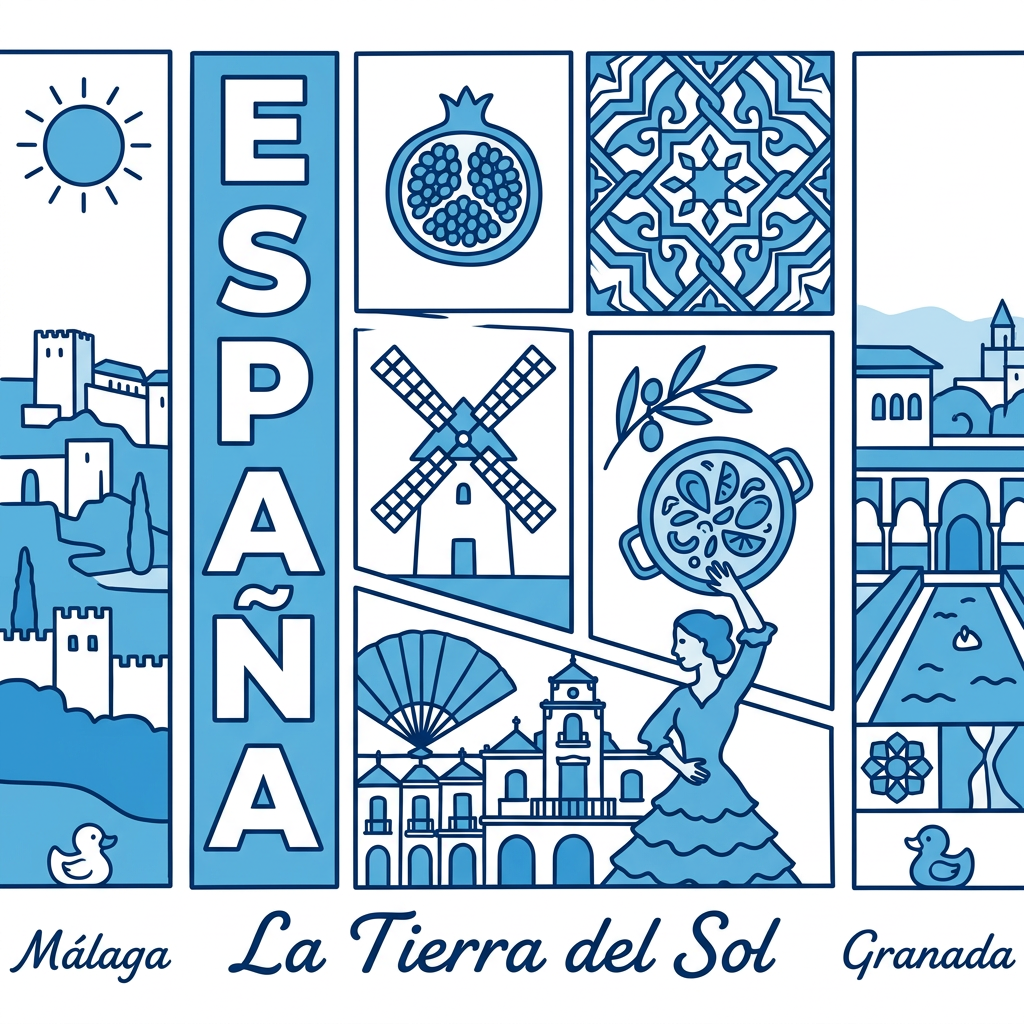 AI Design for basado en esta imagen, diseña algo parecido pero en colores y tonos azules, además de centrarte en elementos españoles como azulejos, granada, málaga, etc... hazlo más simple para poder colorearlo con rotuladores textiles y elimina elementos haram, deja solo halal. añade algo pequeño de un pato y simplifica  las ilustraciones