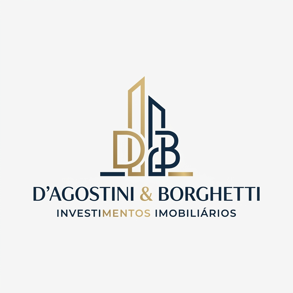 AI Design for A sophisticated and minimalist logo for an investment firm named D'Agostini & Borghetti. The design features a modern, architectural monogram integrating the letters D and B with clean, geometric lines that subtly evoke the silhouette of a high-end skyscraper or a foundational structure. Below the emblem, the text 'INVESTIMENTOS IMOBILIÁRIOS' appears in a sleek, professional serif typeface, rendered in a refined color palette of deep navy blue and brushed gold, set against a pristine, solid off-white background.