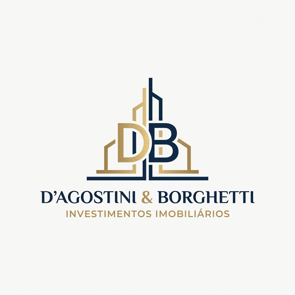 AI Design for A sophisticated and minimalist logo for an investment firm named D'Agostini & Borghetti. The design features a modern, architectural monogram integrating the letters D and B with clean, geometric lines that subtly evoke the silhouette of a high-end skyscraper or a foundational structure. Below the emblem, the text 'INVESTIMENTOS IMOBILIÁRIOS' appears in a sleek, professional serif typeface, rendered in a refined color palette of deep navy blue and brushed gold, set against a pristine, solid off-white background.