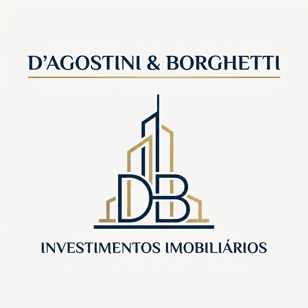 AI Design for A sophisticated and minimalist logo for an investment firm named D'Agostini & Borghetti. The design features a modern, architectural monogram integrating the letters D and B with clean, geometric lines that subtly evoke the silhouette of a high-end skyscraper or a foundational structure. Below the emblem, the text 'INVESTIMENTOS IMOBILIÁRIOS' appears in a sleek, professional serif typeface, rendered in a refined color palette of deep navy blue and brushed gold, set against a pristine, solid off-white background.
