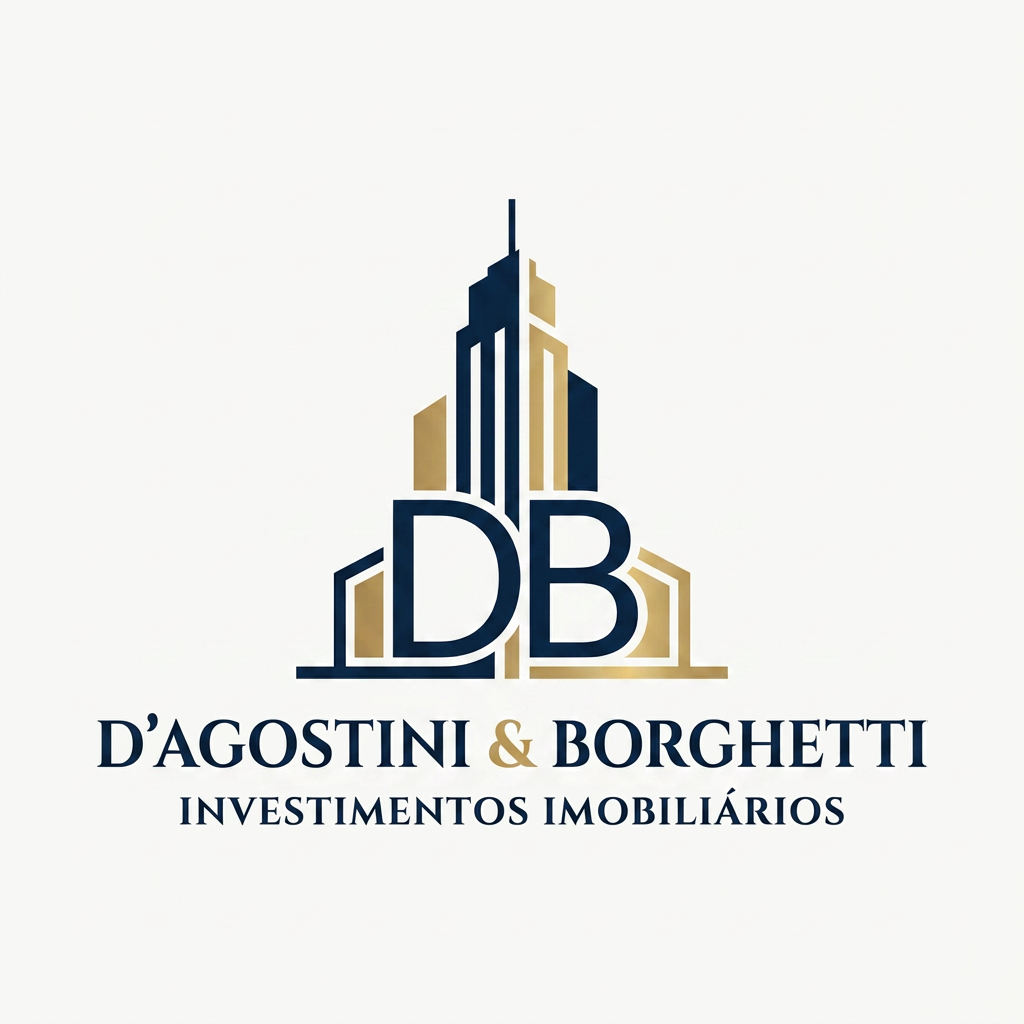 AI Design for A sophisticated and minimalist logo for an investment firm named D'Agostini & Borghetti. The design features a modern, architectural monogram integrating the letters D and B with clean, geometric lines that subtly evoke the silhouette of a high-end skyscraper or a foundational structure. Below the emblem, the text 'INVESTIMENTOS IMOBILIÁRIOS' appears in a sleek, professional serif typeface, rendered in a refined color palette of deep navy blue and brushed gold, set against a pristine, solid off-white background.