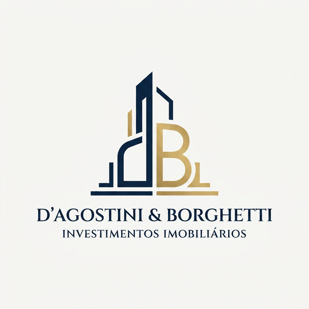 AI Design for A sophisticated and minimalist logo for an investment firm named D'Agostini & Borghetti. The design features a modern, architectural monogram integrating the letters D and B with clean, geometric lines that subtly evoke the silhouette of a high-end skyscraper or a foundational structure. Below the emblem, the text 'INVESTIMENTOS IMOBILIÁRIOS' appears in a sleek, professional serif typeface, rendered in a refined color palette of deep navy blue and brushed gold, set against a pristine, solid off-white background.