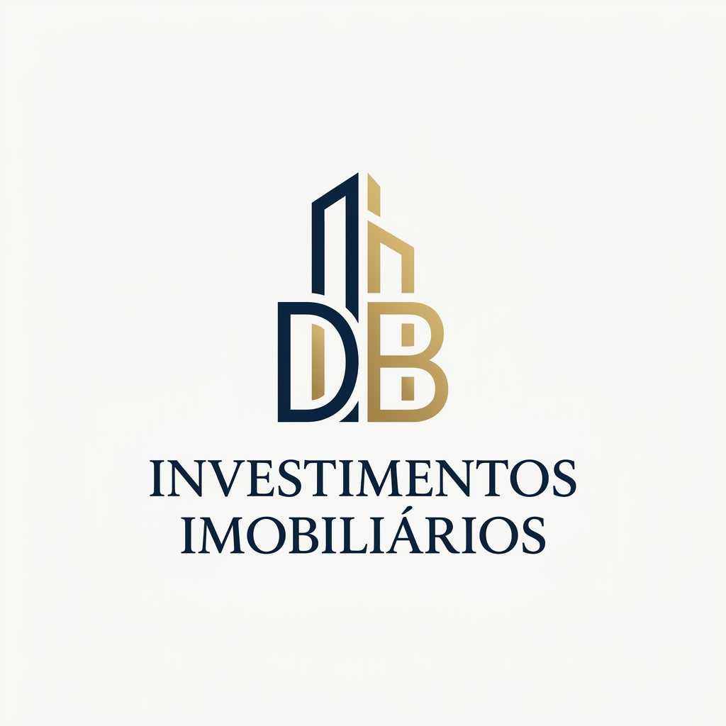 AI Design for A sophisticated and minimalist logo for an investment firm named D'Agostini & Borghetti. The design features a modern, architectural monogram integrating the letters D and B with clean, geometric lines that subtly evoke the silhouette of a high-end skyscraper or a foundational structure. Below the emblem, the text 'INVESTIMENTOS IMOBILIÁRIOS' appears in a sleek, professional serif typeface, rendered in a refined color palette of deep navy blue and brushed gold, set against a pristine, solid off-white background.