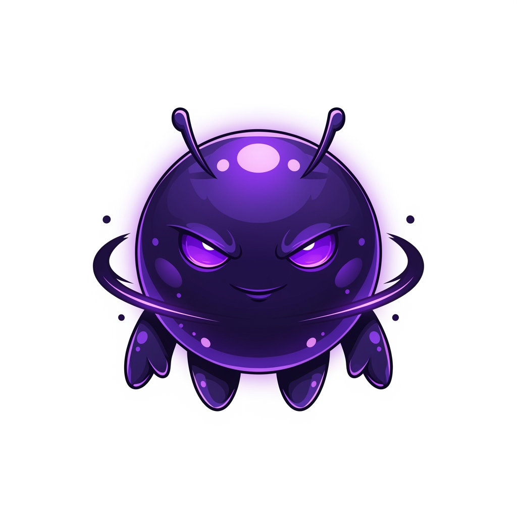 AI Design for Premium mascot logo for a gaming marketplace. Create a small perfectly round mascot with a smooth spherical body, tiny floating arms, short legs and two short antennae. The silhouette should be extremely simple, bold, iconic and instantly recognizable like a premium mobile game icon. The mascot should feel 40% cute and 60% powerful, mysterious and heroic. Give it sharp glowing purple eyes, a confident intelligent smile and a calm expression with overwhelming hidden power. It should look like a legendary magical companion with elegant dark energy surrounding its body, subtle purple aura, soft magical glow, cinematic rim lighting and glossy premium shading. Use rich royal purple, deep violet and dark indigo gradients with luxurious highlights. Keep the design minimal, clean, vector-friendly, soft 3D, highly polished, symmetrical and centered. No background. Transparent background. Professional esports mascot logo, premium branding, memorable, iconic, simple enough to work perfectly as a logo and app icon.