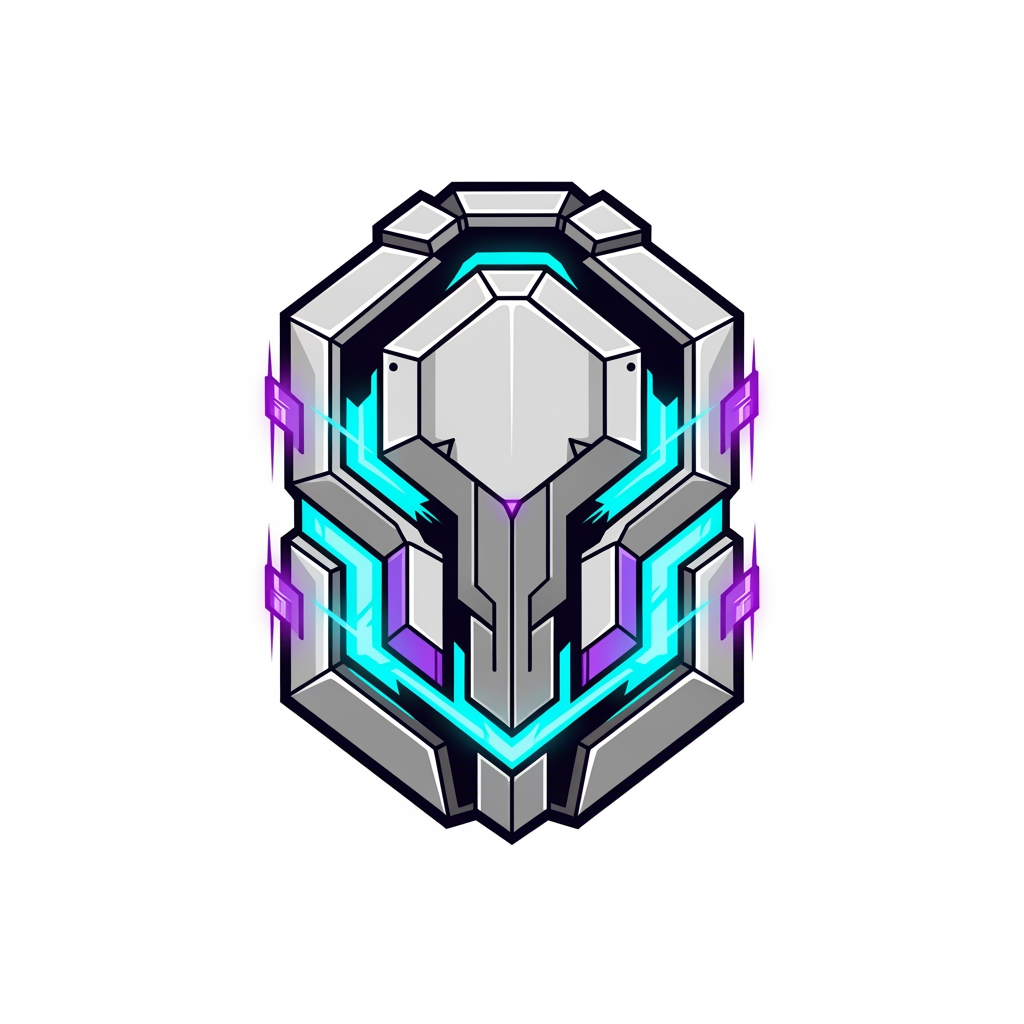 AI Design for Create an iconic gaming marketplace symbol inspired by a futuristic digital vault.

The emblem should look like a secure container protecting rare gaming assets and accounts.

Combine advanced technology, digital ownership and premium value into one clean shape.

AAA gaming brand quality, esports logo style, geometric futuristic design.

No letters, no text, no mascot, no controller.

Strong silhouette, clean vector design, glowing cyan and purple energy accents.

Transparent background.