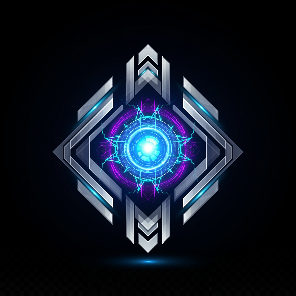 AI Design for Create an exclusive symbol for a gaming account marketplace.

Design a legendary tradable artifact that looks rare, valuable and highly collectible.

Inspired by MMORPG legendary items and futuristic digital economies.

Clean geometric structure, glowing core, luxury gaming aesthetic.

Esports branding quality, modern vector logo.

No letters, no text, no mascot.

Black background, neon blue, purple and cyan lighting.

Transparent background.
