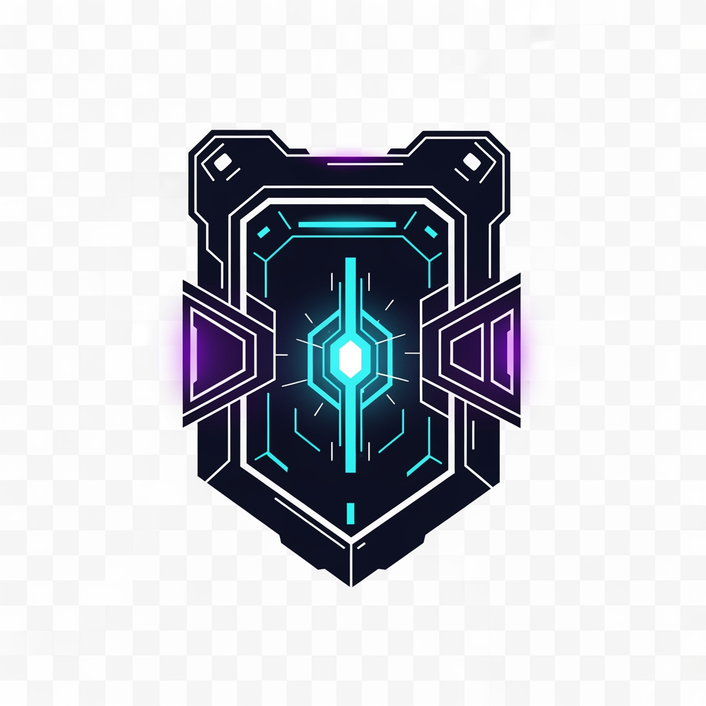 AI Design for Create an iconic gaming marketplace symbol inspired by a futuristic digital vault.

The emblem should look like a secure container protecting rare gaming assets and accounts.

Combine advanced technology, digital ownership and premium value into one clean shape.

AAA gaming brand quality, esports logo style, geometric futuristic design.

No letters, no text, no mascot, no controller.

Strong silhouette, clean vector design, glowing cyan and purple energy accents.

Transparent background.
