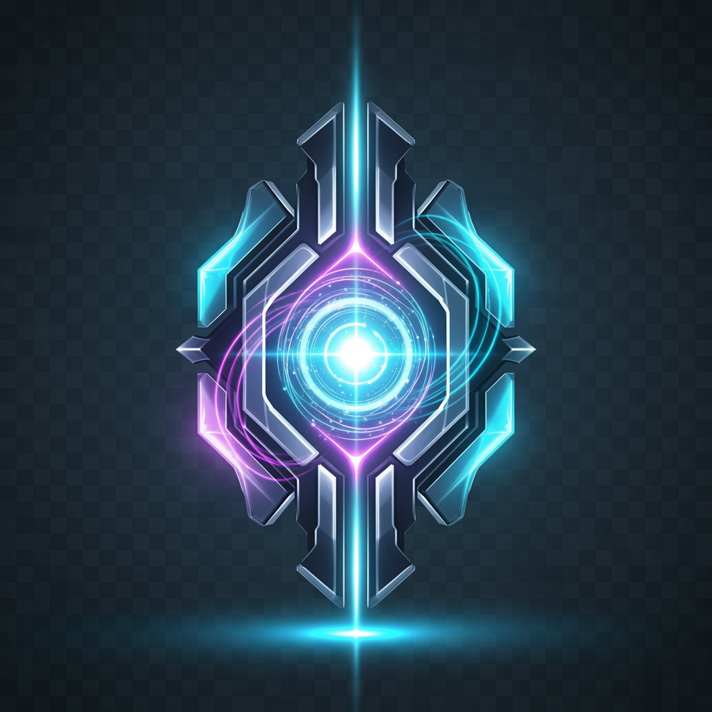 AI Design for Create an exclusive symbol for a gaming account marketplace.

Design a legendary tradable artifact that looks rare, valuable and highly collectible.

Inspired by MMORPG legendary items and futuristic digital economies.

Clean geometric structure, glowing core, luxury gaming aesthetic.

Esports branding quality, modern vector logo.

No letters, no text, no mascot.

Black background, neon blue, purple and cyan lighting.

Transparent background.