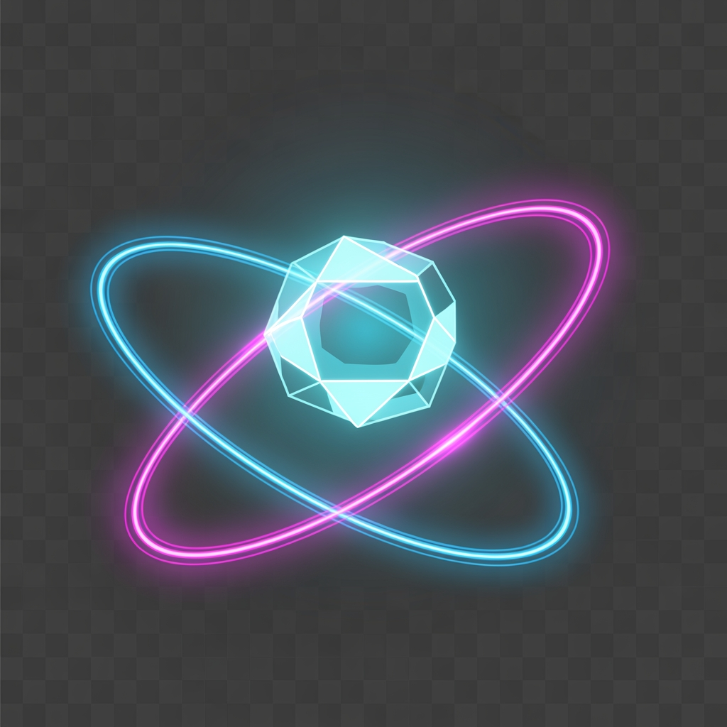 AI Design for Create a luxury gaming marketplace icon.

Design a floating crystal core surrounded by futuristic energy rings.

The crystal should symbolize rare gaming accounts, premium value and digital ownership.

Ultra-modern esports branding style, geometric precision, iconic silhouette.

Minimal vector logo, futuristic technology aesthetic.

Neon cyan, purple, magenta and electric blue glow.

No text, no letters, no controller, no mascot.

Transparent background.