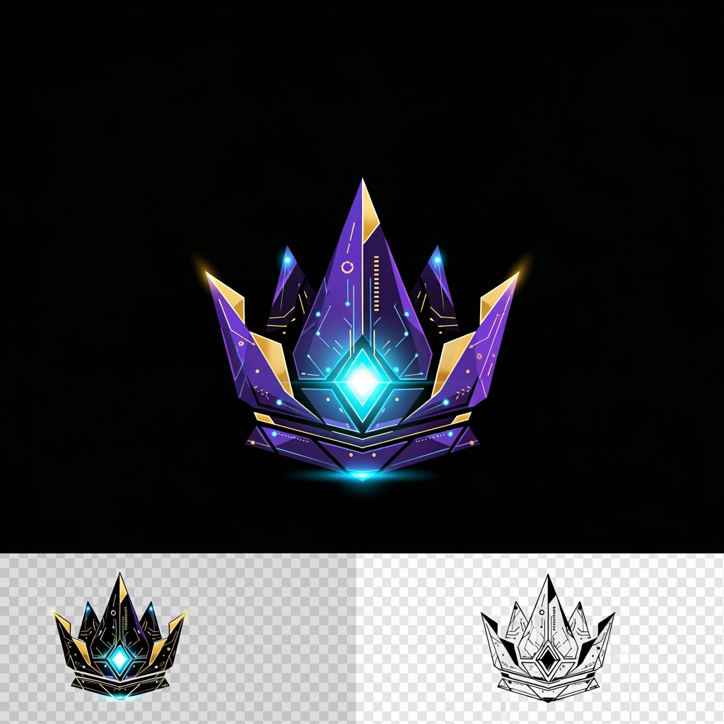 AI Design for Create a legendary gaming marketplace emblem.

Design a futuristic digital crown forged from energy and geometric shards.

The symbol should represent premium gaming accounts, rarity, prestige, ownership and trust.

No letters, no typography, no controller.

Sharp futuristic geometry, glowing energy core, cyber-tech details, esports branding quality.

Luxury gaming aesthetic, memorable silhouette, suitable for app icon and favicon.

Neon blue, violet, cyan and subtle gold highlights.

Minimal vector logo, transparent background, black background presentation.