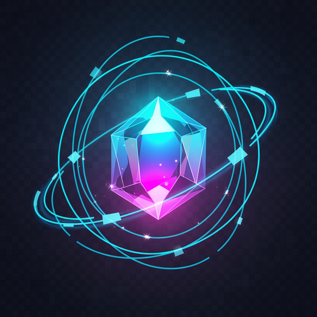 AI Design for Create a luxury gaming marketplace icon.

Design a floating crystal core surrounded by futuristic energy rings.

The crystal should symbolize rare gaming accounts, premium value and digital ownership.

Ultra-modern esports branding style, geometric precision, iconic silhouette.

Minimal vector logo, futuristic technology aesthetic.

Neon cyan, purple, magenta and electric blue glow.

No text, no letters, no controller, no mascot.

Transparent background.