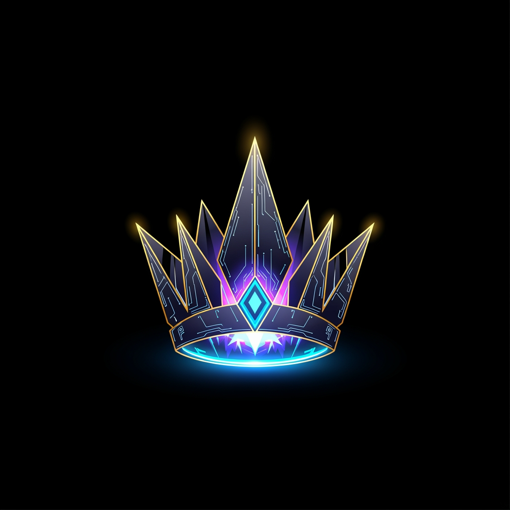 AI Design for Create a legendary gaming marketplace emblem.

Design a futuristic digital crown forged from energy and geometric shards.

The symbol should represent premium gaming accounts, rarity, prestige, ownership and trust.

No letters, no typography, no controller.

Sharp futuristic geometry, glowing energy core, cyber-tech details, esports branding quality.

Luxury gaming aesthetic, memorable silhouette, suitable for app icon and favicon.

Neon blue, violet, cyan and subtle gold highlights.

Minimal vector logo, transparent background, black background presentation.