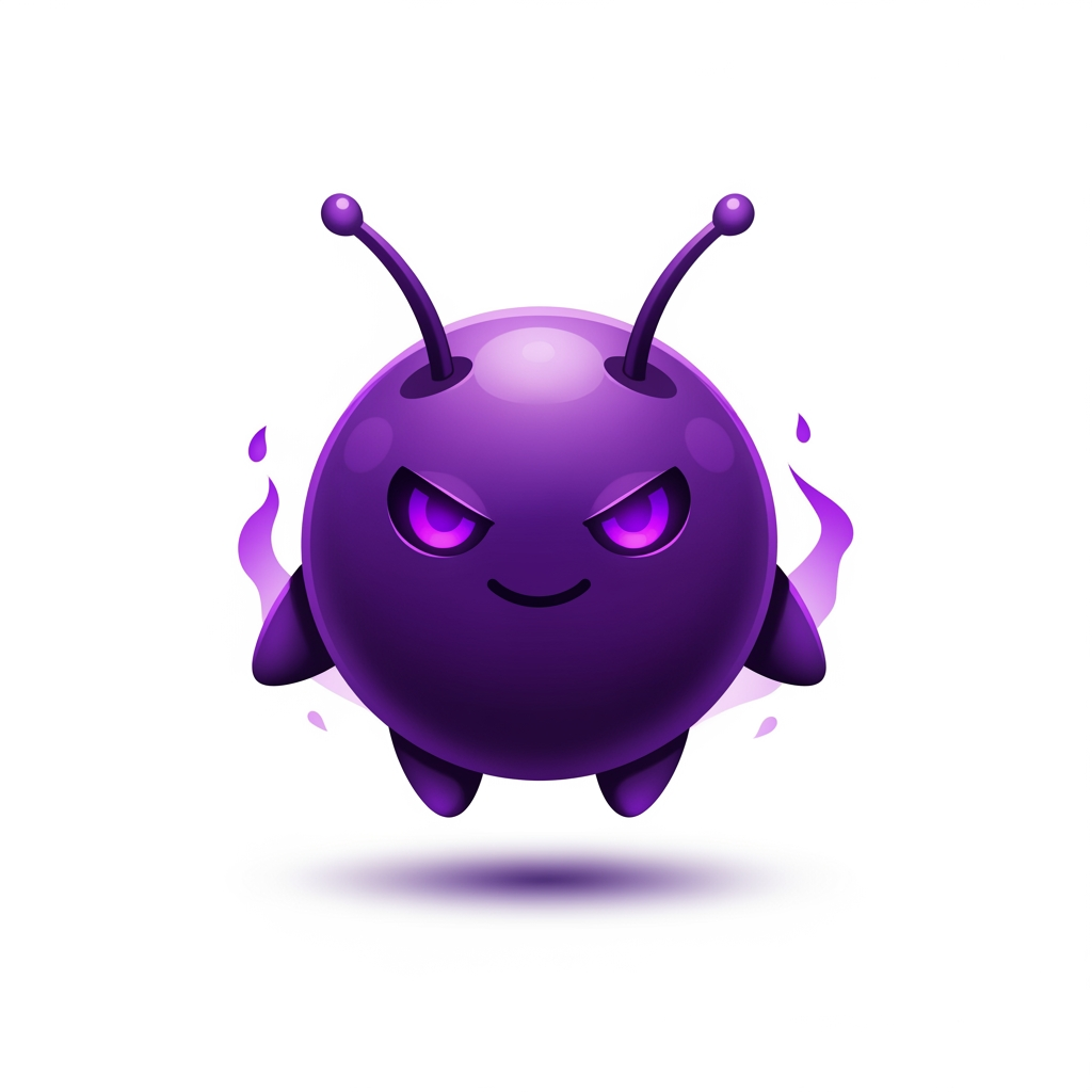 AI Design for Premium mascot logo for a gaming marketplace. Create a small perfectly round mascot with a smooth spherical body, tiny floating arms, short legs and two short antennae. The silhouette should be extremely simple, bold, iconic and instantly recognizable like a premium mobile game icon. The mascot should feel 40% cute and 60% powerful, mysterious and heroic. Give it sharp glowing purple eyes, a confident intelligent smile and a calm expression with overwhelming hidden power. It should look like a legendary magical companion with elegant dark energy surrounding its body, subtle purple aura, soft magical glow, cinematic rim lighting and glossy premium shading. Use rich royal purple, deep violet and dark indigo gradients with luxurious highlights. Keep the design minimal, clean, vector-friendly, soft 3D, highly polished, symmetrical and centered. No background. Transparent background. Professional esports mascot logo, premium branding, memorable, iconic, simple enough to work perfectly as a logo and app icon.