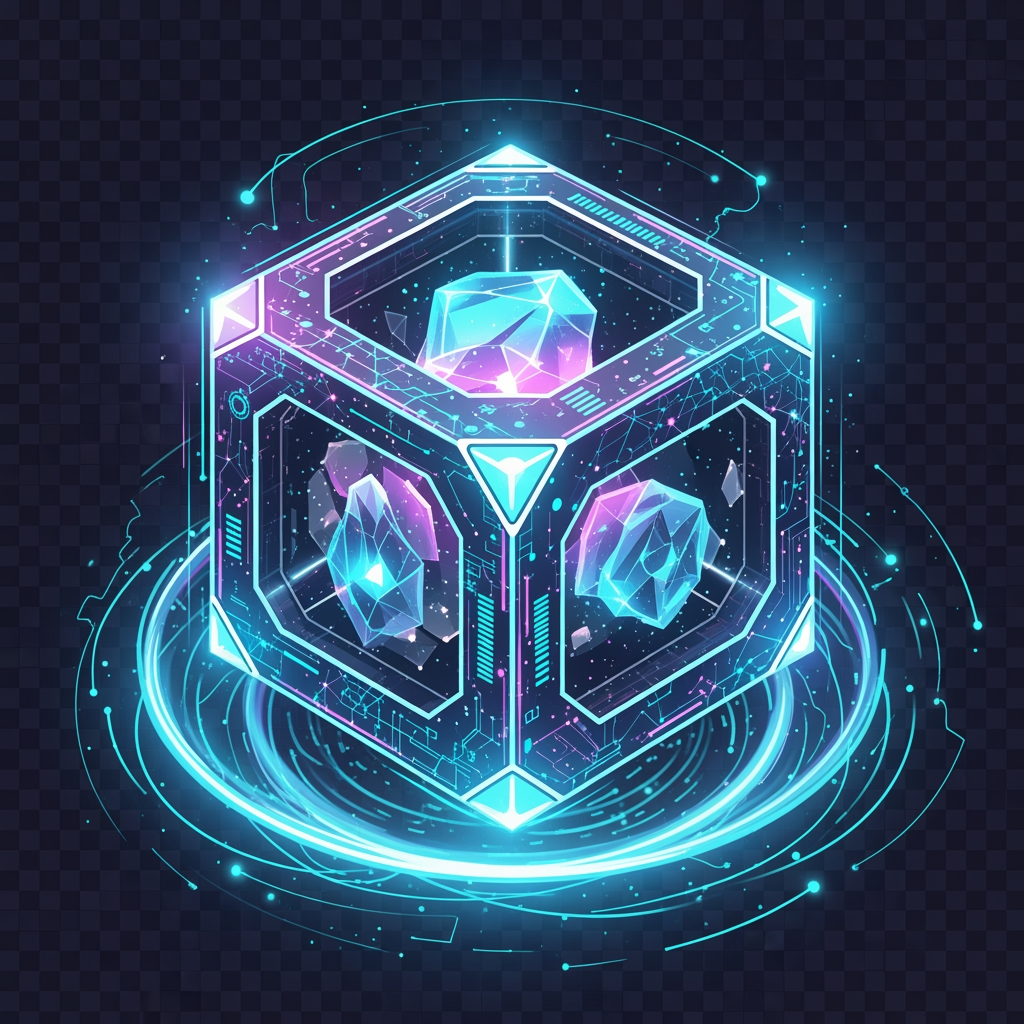 AI Design for Design a world-class gaming marketplace icon.

Create a futuristic quantum cube floating in energy.

The cube should symbolize ownership, trading, digital assets and rare gaming inventories.

Elegant geometric construction, premium gaming aesthetic, cyberpunk technology details.

Modern vector logo, highly recognizable silhouette.

Neon cyan, electric blue and purple glow.

No text, no letters, no weapons, no controller.

Transparent background.