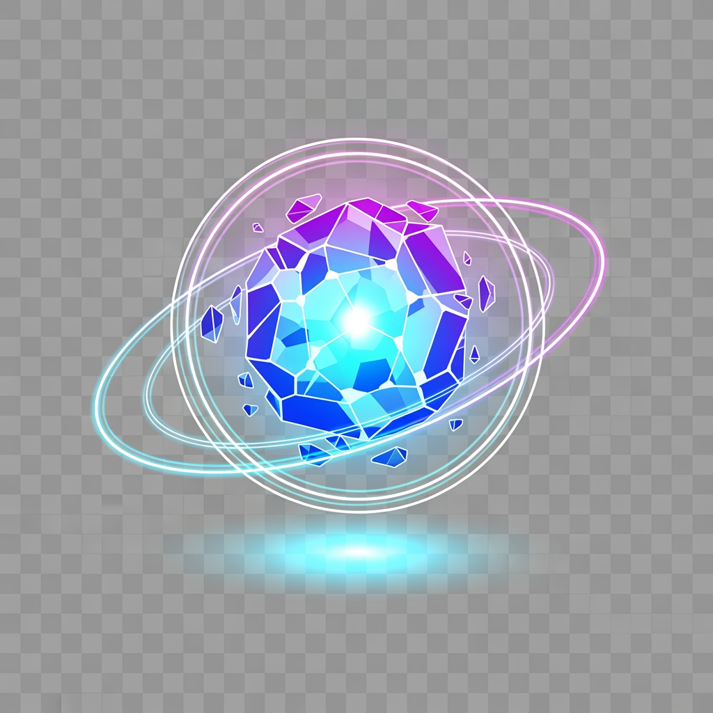 AI Design for Create a luxury gaming marketplace icon.

Design a floating crystal core surrounded by futuristic energy rings.

The crystal should symbolize rare gaming accounts, premium value and digital ownership.

Ultra-modern esports branding style, geometric precision, iconic silhouette.

Minimal vector logo, futuristic technology aesthetic.

Neon cyan, purple, magenta and electric blue glow.

No text, no letters, no controller, no mascot.

Transparent background.