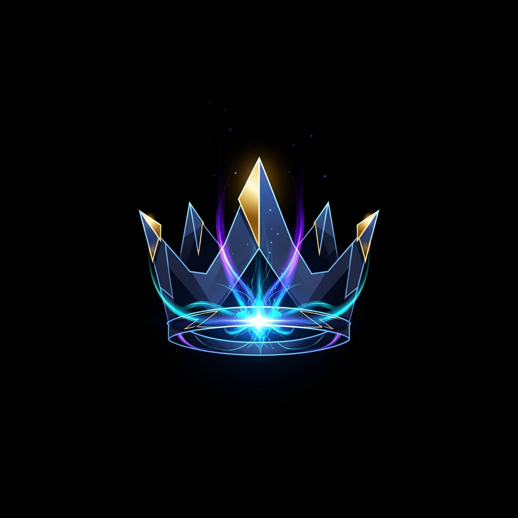 AI Design for Create a legendary gaming marketplace emblem.

Design a futuristic digital crown forged from energy and geometric shards.

The symbol should represent premium gaming accounts, rarity, prestige, ownership and trust.

No letters, no typography, no controller.

Sharp futuristic geometry, glowing energy core, cyber-tech details, esports branding quality.

Luxury gaming aesthetic, memorable silhouette, suitable for app icon and favicon.

Neon blue, violet, cyan and subtle gold highlights.

Minimal vector logo, transparent background, black background presentation.