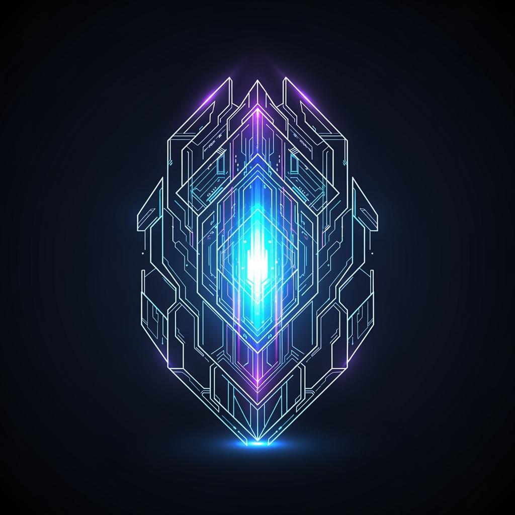 AI Design for Create an exclusive symbol for a gaming account marketplace.

Design a legendary tradable artifact that looks rare, valuable and highly collectible.

Inspired by MMORPG legendary items and futuristic digital economies.

Clean geometric structure, glowing core, luxury gaming aesthetic.

Esports branding quality, modern vector logo.

No letters, no text, no mascot.

Black background, neon blue, purple and cyan lighting.

Transparent background.