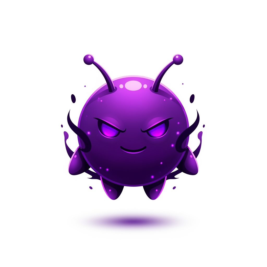 AI Design for Premium mascot logo for a gaming marketplace. Create a small perfectly round mascot with a smooth spherical body, tiny floating arms, short legs and two short antennae. The silhouette should be extremely simple, bold, iconic and instantly recognizable like a premium mobile game icon. The mascot should feel 40% cute and 60% powerful, mysterious and heroic. Give it sharp glowing purple eyes, a confident intelligent smile and a calm expression with overwhelming hidden power. It should look like a legendary magical companion with elegant dark energy surrounding its body, subtle purple aura, soft magical glow, cinematic rim lighting and glossy premium shading. Use rich royal purple, deep violet and dark indigo gradients with luxurious highlights. Keep the design minimal, clean, vector-friendly, soft 3D, highly polished, symmetrical and centered. No background. Transparent background. Professional esports mascot logo, premium branding, memorable, iconic, simple enough to work perfectly as a logo and app icon.