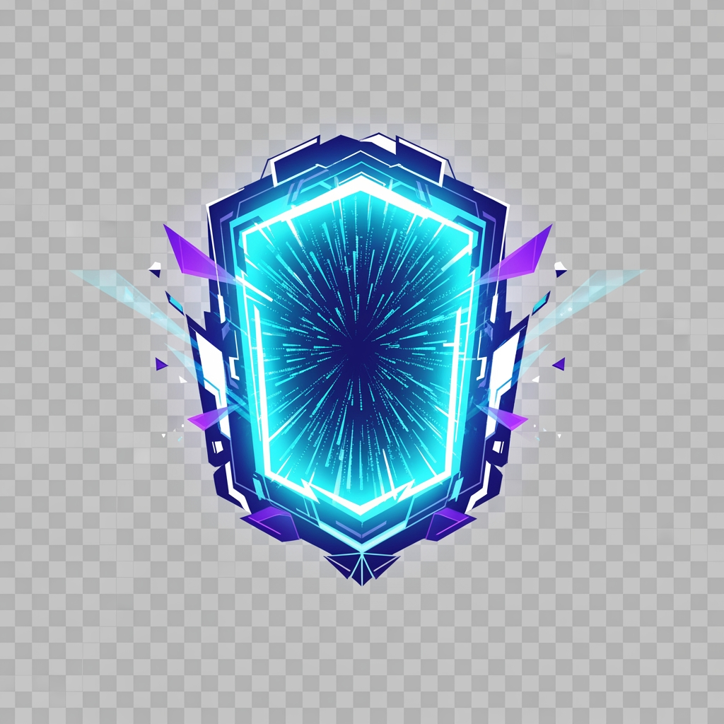 AI Design for Create a premium gaming marketplace emblem.

Design a futuristic nexus portal made of digital energy.

The symbol should represent account exchange, ownership transfer, secure transactions and premium gaming assets.

Highly memorable silhouette, elite esports branding, geometric precision.

AAA game company quality, modern vector design.

Glowing cyan, electric blue, purple energy effects.

No text, no letters, no controller, no mascot.

Transparent background.