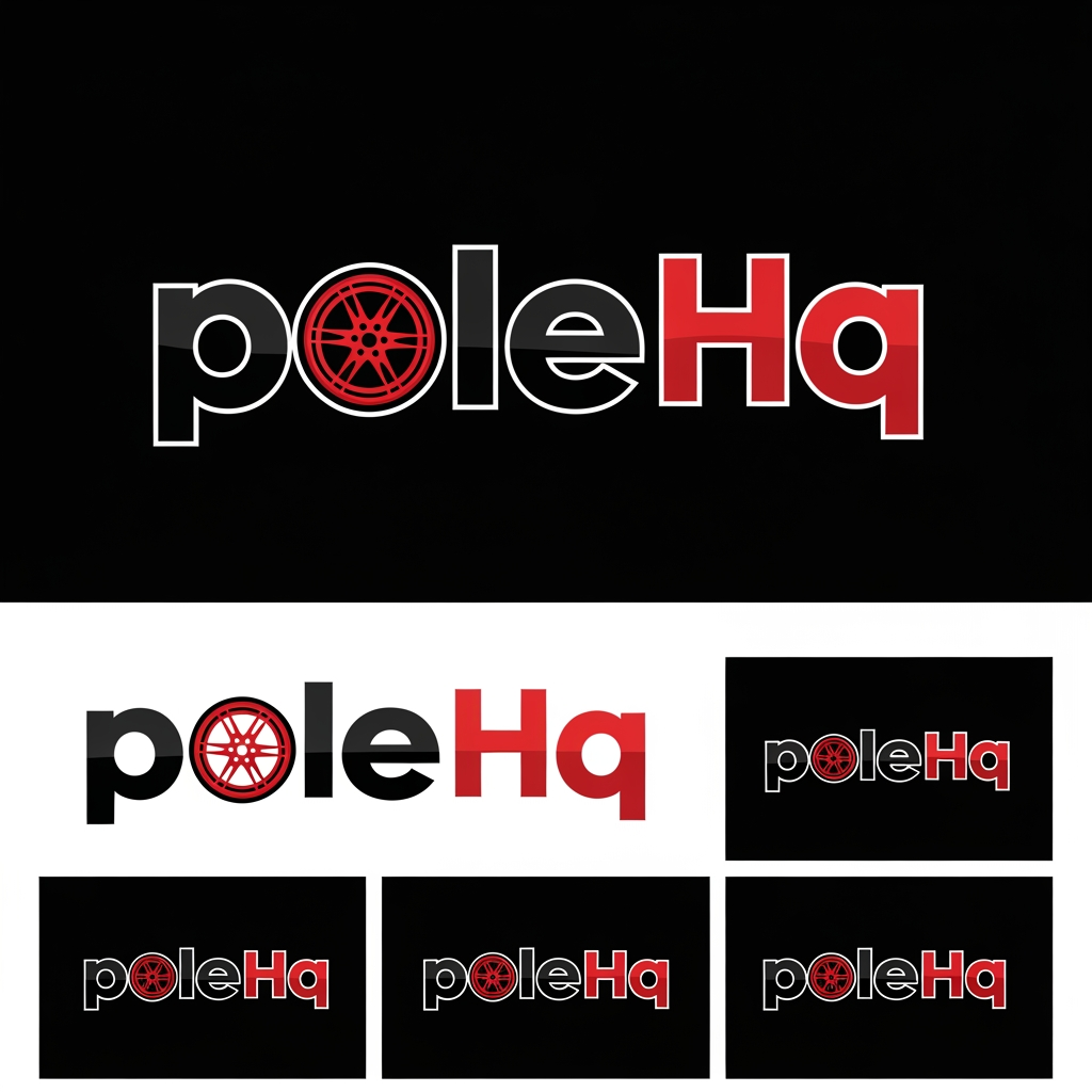 AI Design for poleHq make a logo out of it just typography logo make it slick give like 5 alternatives ... mix between black and #E10600 color ... make the o in pole as a car wheel and i like the first design style...