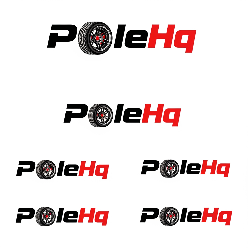 AI Design for poleHq make a logo out of it just typography logo make it slick give like 5 alternatives ... mix between black and #E10600 color ... make the o in pole as a car wheel and i like the first design style...