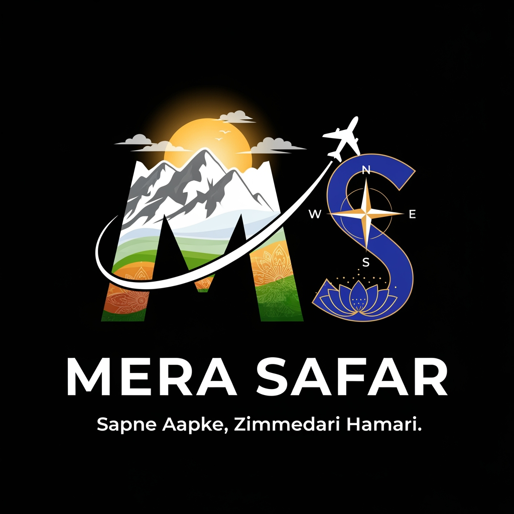 AI Design for Design a modern, premium, and unique logo for a tourism and travel website named "Mera Safar". Include the tagline "Sapne Aapke, Zimmedari Hamari." The logo should represent travel, dreams, and exploration of India. Incorporate creative elements like a winding road, mountains, sunrise, airplane trail, compass, and subtle Indian cultural motifs. Use a minimalist and elegant style with a luxurious feel. The typography should be modern and stylish, with "Mera Safar" as the main focus and the tagline placed neatly below it. Create a memorable, vector-style logo suitable for websites, mobile apps, business cards, and social media branding. The logo should feel trustworthy, inspiring, and adventurous. Transparent background, high resolution, professional branding design.
Concept idea:
🏔️ M ko mountain shape mein design karo.
✈️ Airplane trail se S banaya jaaye.
🧭 Compass aur sunrise ko icon mein subtly include karo.
🇮🇳 Saffron, white, and green ke soft gradients ya royal blue + gold accents use kar sakte ho.