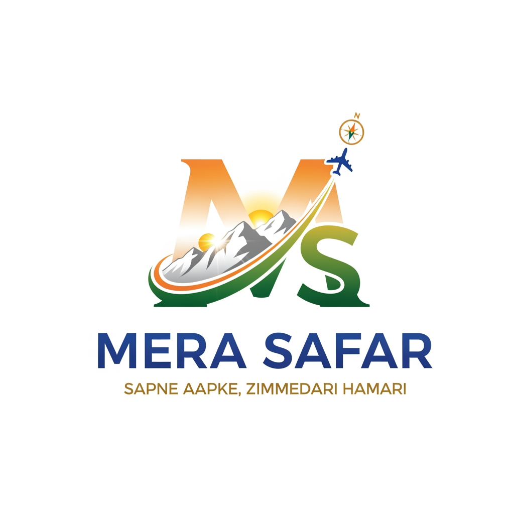 AI Design for Design a modern, premium, and unique logo for a tourism and travel website named "Mera Safar". Include the tagline "Sapne Aapke, Zimmedari Hamari." The logo should represent travel, dreams, and exploration of India. Incorporate creative elements like a winding road, mountains, sunrise, airplane trail, compass, and subtle Indian cultural motifs. Use a minimalist and elegant style with a luxurious feel. The typography should be modern and stylish, with "Mera Safar" as the main focus and the tagline placed neatly below it. Create a memorable, vector-style logo suitable for websites, mobile apps, business cards, and social media branding. The logo should feel trustworthy, inspiring, and adventurous. Transparent background, high resolution, professional branding design.
Concept idea:
🏔️ M ko mountain shape mein design karo.
✈️ Airplane trail se S banaya jaaye.
🧭 Compass aur sunrise ko icon mein subtly include karo.
🇮🇳 Saffron, white, and green ke soft gradients ya royal blue + gold accents use kar sakte ho.