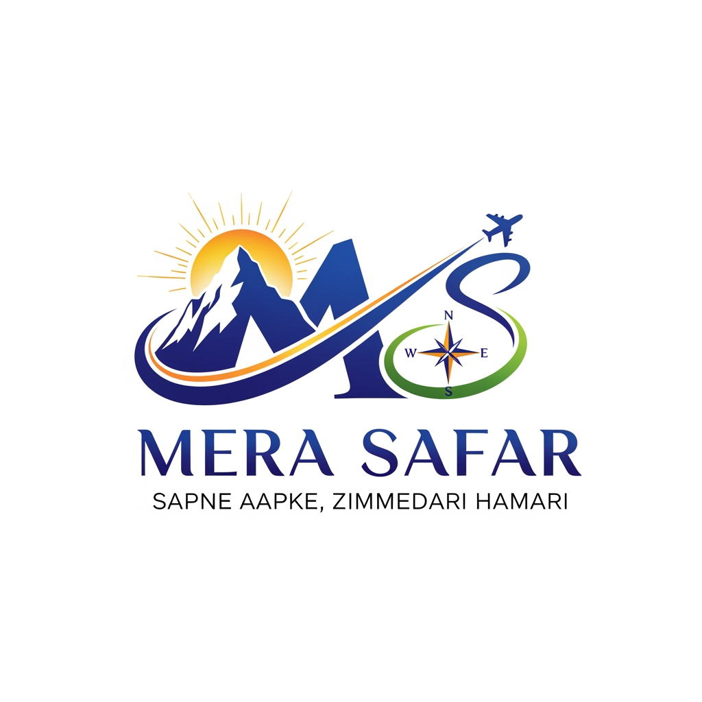 AI Design for Design a modern, premium, and unique logo for a tourism and travel website named "Mera Safar". Include the tagline "Sapne Aapke, Zimmedari Hamari." The logo should represent travel, dreams, and exploration of India. Incorporate creative elements like a winding road, mountains, sunrise, airplane trail, compass, and subtle Indian cultural motifs. Use a minimalist and elegant style with a luxurious feel. The typography should be modern and stylish, with "Mera Safar" as the main focus and the tagline placed neatly below it. Create a memorable, vector-style logo suitable for websites, mobile apps, business cards, and social media branding. The logo should feel trustworthy, inspiring, and adventurous. Transparent background, high resolution, professional branding design.
Concept idea:
🏔️ M ko mountain shape mein design karo.
✈️ Airplane trail se S banaya jaaye.
🧭 Compass aur sunrise ko icon mein subtly include karo.
🇮🇳 Saffron, white, and green ke soft gradients ya royal blue + gold accents use kar sakte ho.