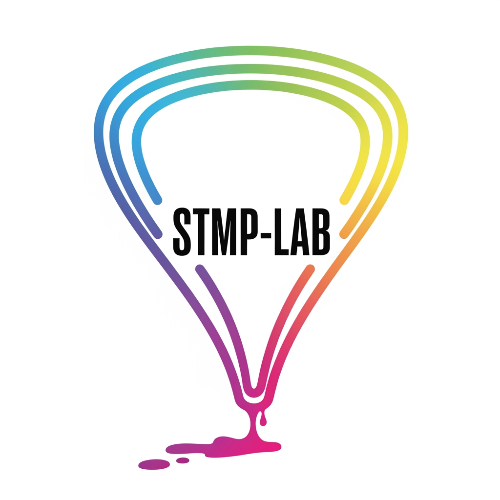 AI Design for crea un logo con estas caracteristicas: forma de gota de tinta invertida con un poco de tinta derramada, sin relleno, solo contorno. el contorno de aproximadamente 1 cm de espesor, que lleve el color fuscia en la parte inferior, el morado y naranja en el area media, azul medio y amarillo limon en el area superior y en medio arriba el verde manzana. los colores que se mezclen delicadamente. dentro de la gota que lleve la palabra STMP-LAB con una fuente alta y en negrita
