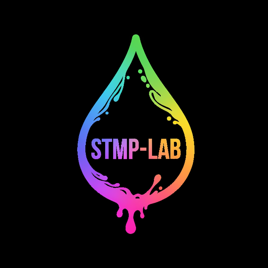 AI Design for crea un logo con estas caracteristicas: forma de gota de tinta invertida con un poco de tinta derramada, sin relleno, solo contorno. el contorno de aproximadamente 1 cm de espesor, que lleve el color fuscia en la parte inferior, el morado y naranja en el area media, azul medio y amarillo limon en el area superior y en medio arriba el verde manzana. los colores que se mezclen delicadamente. dentro de la gota que lleve la palabra STMP-LAB con una fuente alta y en negrita