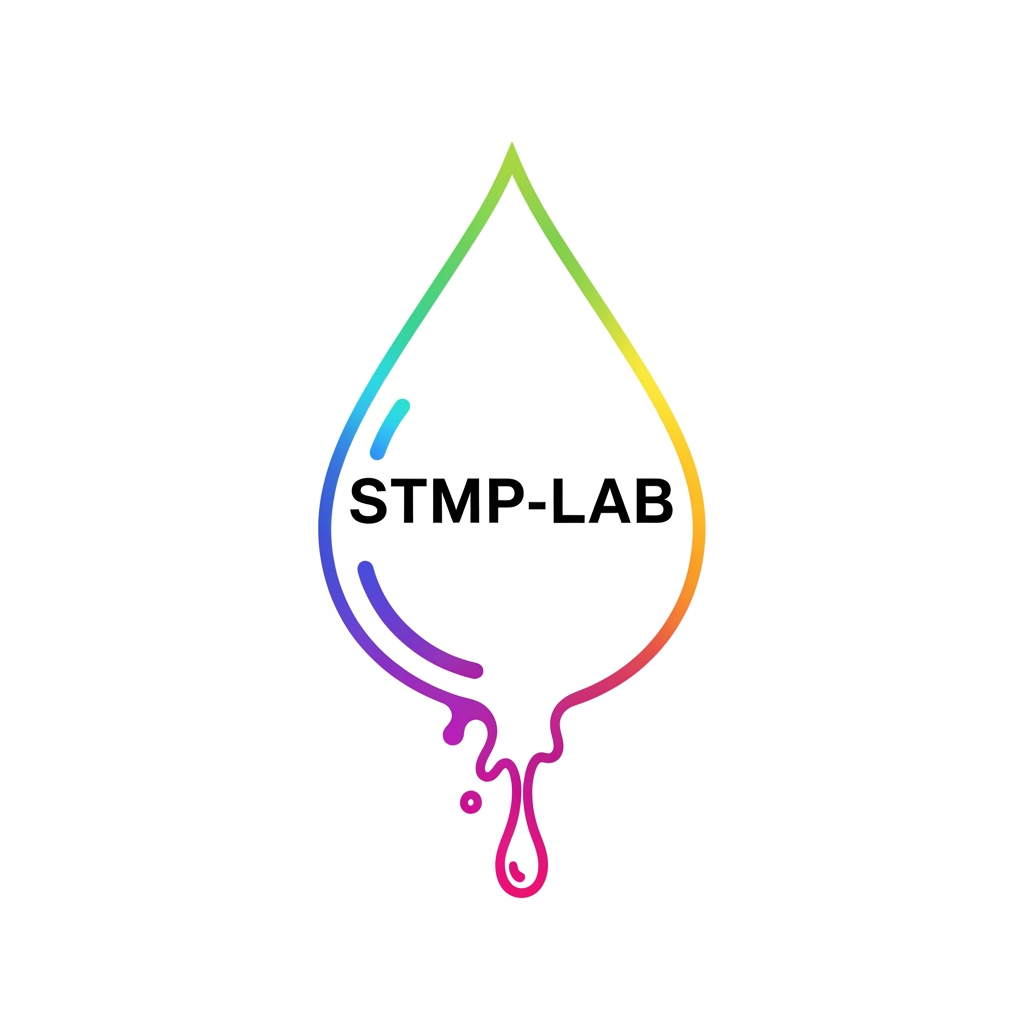 AI Design for crea un logo con estas caracteristicas: forma de gota de tinta invertida con un poco de tinta derramada, sin relleno, solo contorno. el contorno de aproximadamente 1 cm de espesor, que lleve el color fuscia en la parte inferior, el morado y naranja en el area media, azul medio y amarillo limon en el area superior y en medio arriba el verde manzana. los colores que se mezclen delicadamente. dentro de la gota que lleve la palabra STMP-LAB con una fuente alta y en negrita