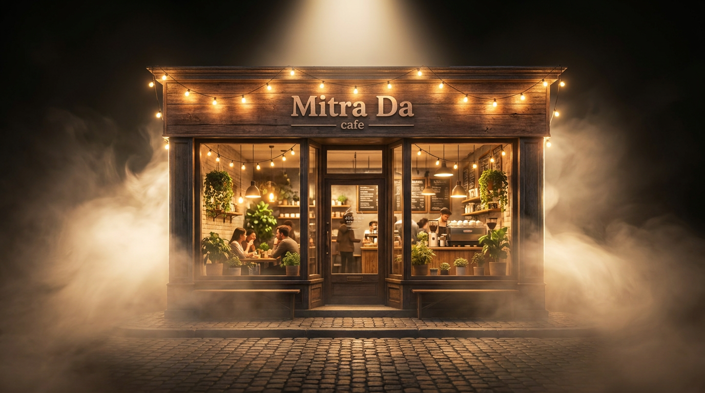 AI Design for A cozy, inviting exterior shot of Mitra Da cafe at golden hour, featuring warm ambient string lighting, rustic wooden signage, and large glass windows revealing a bustling, aromatic interior. The scene is captured with a shallow depth of field to emphasize the welcoming storefront, set on a charming cobblestone street with a soft, cinematic color palette.
Apply the following visual style: A cinematic hero product photograph of {{product}}, emerging from soft glowing fog with a focused top spotlight and strong rim lighting, dramatic premium advertising photography style, ultra‑high‑resolution detail.
The last reference image is a design/composition template: match its layout, framing, and overall visual style while following the user's prompt for subject matter where indicated.