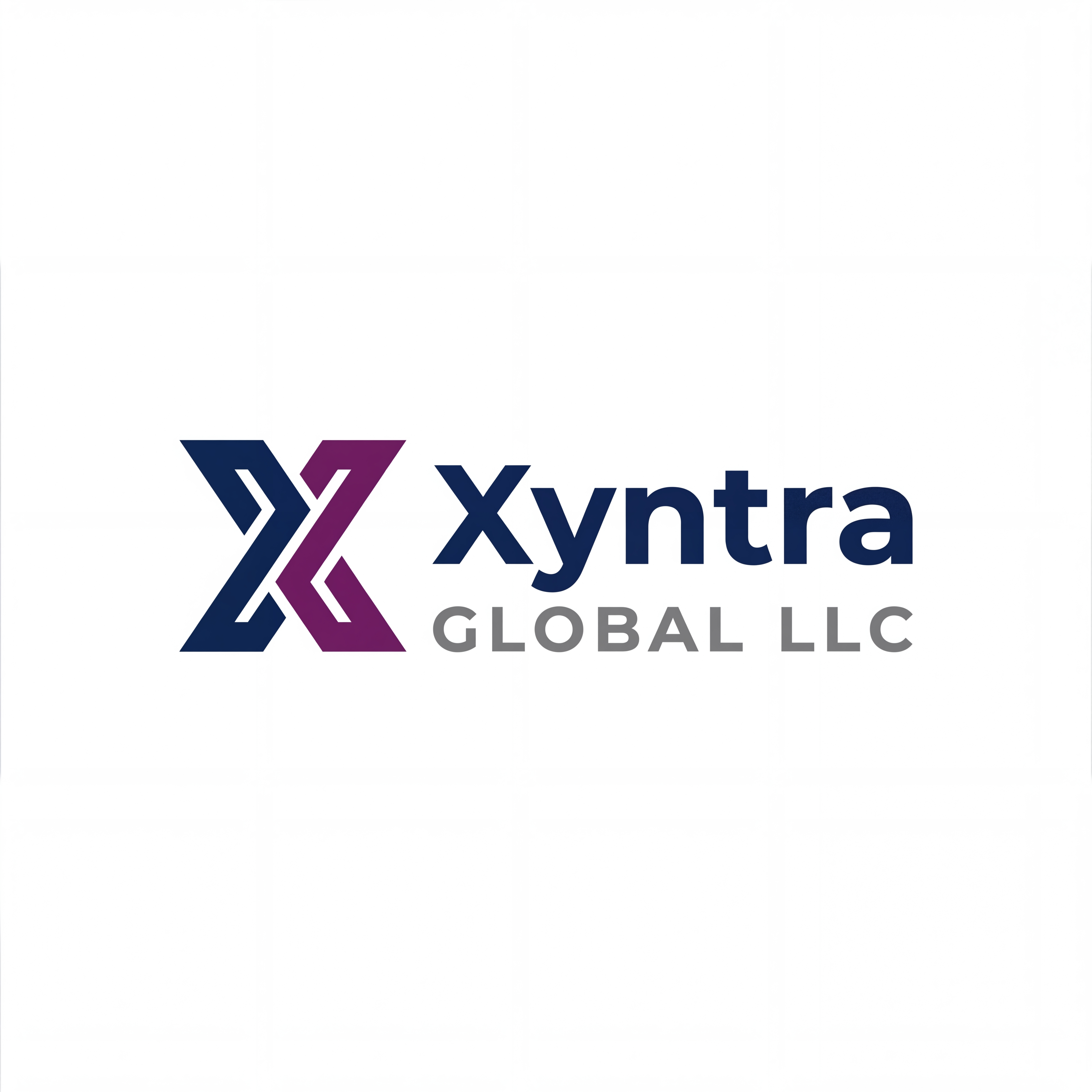 AI Design for Here’s the same Xyntra Global LLC logo design recreated in enterprise-grade vector style — flat, minimal, and professional, so it can be easily adapted into PSD, AI, EPS, or SVG formats by your design team.
Symbol: Stylized “X” formed by two geometric segments — navy and purple — creating a dynamic, modern mark.
Wordmark: Bold “Xyntra” in navy, with “GLOBAL LLC” beneath in smaller gray uppercase letters.
Style: Flat design, no gradients, scalable at favicon size, works in black & white.
Feel: Premium enterprise identity, closer to Infosys, CGI, and Accenture-level branding.
This version maintains the clean corporate look while aligning with the enterprise patterns you identified: simplicity, clarity, and recognizability.
Would you like me to now prepare three alternate enterprise-grade variations (Infosys-style, CGI-style, and Accenture-style) so you can compare them side by side with this design?