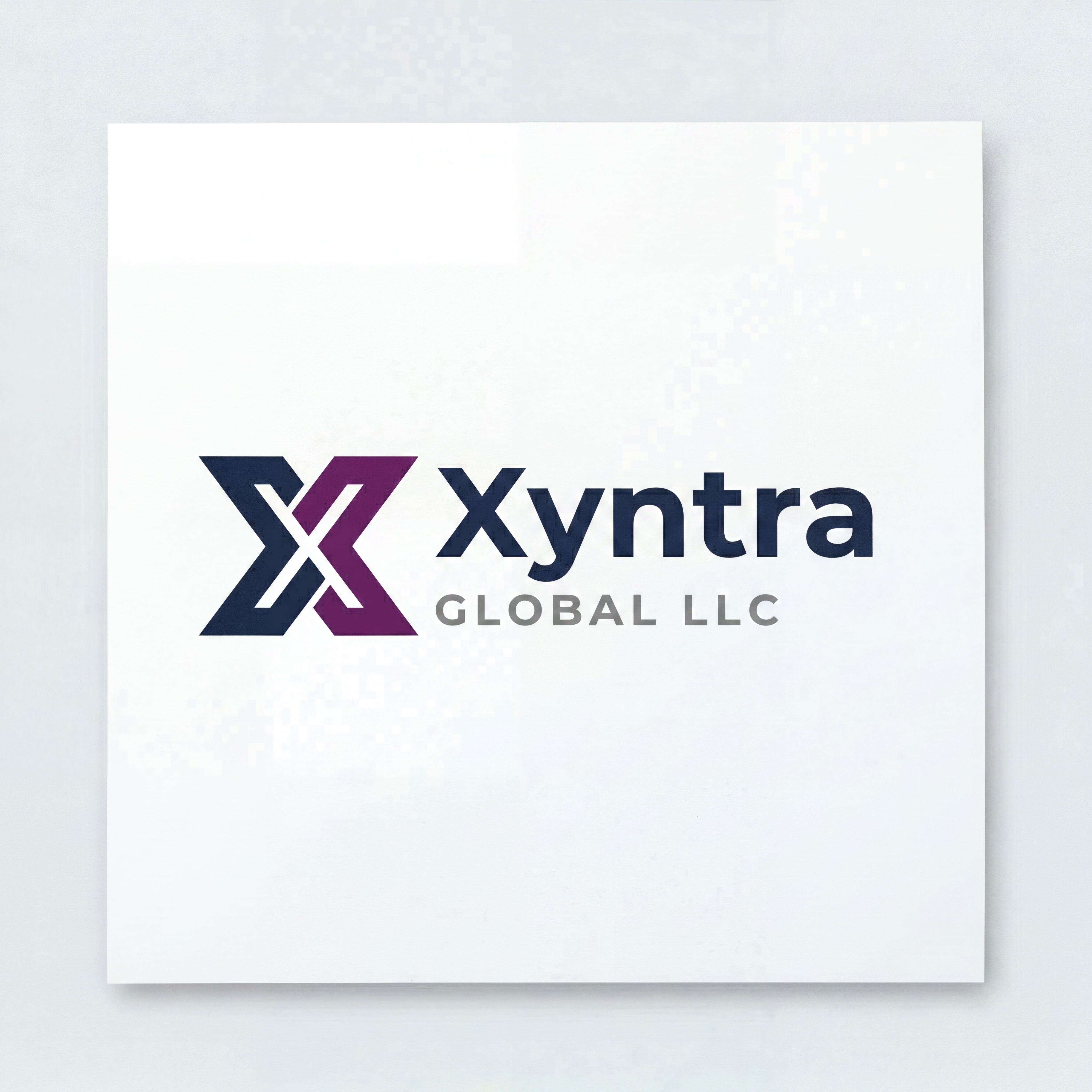 AI Design for Symbol: Stylized “X” formed by two geometric segments — navy and purple — creating a dynamic, modern mark.
Wordmark: Bold “Xyntra” in navy, with “GLOBAL LLC” beneath in smaller gray uppercase letters.
Style: Flat design, no gradients, scalable at favicon size, works in black & white.
Feel: Premium enterprise identity, closer to Infosys, CGI, and Accenture-level branding.
This version maintains the clean corporate look while aligning with the enterprise patterns you identified: simplicity, clarity, and recognizability.
Would you like me to now prepare three alternate enterprise-grade variations (Infosys-style, CGI-style, and Accenture-style) so you can compare them side by side with this design?