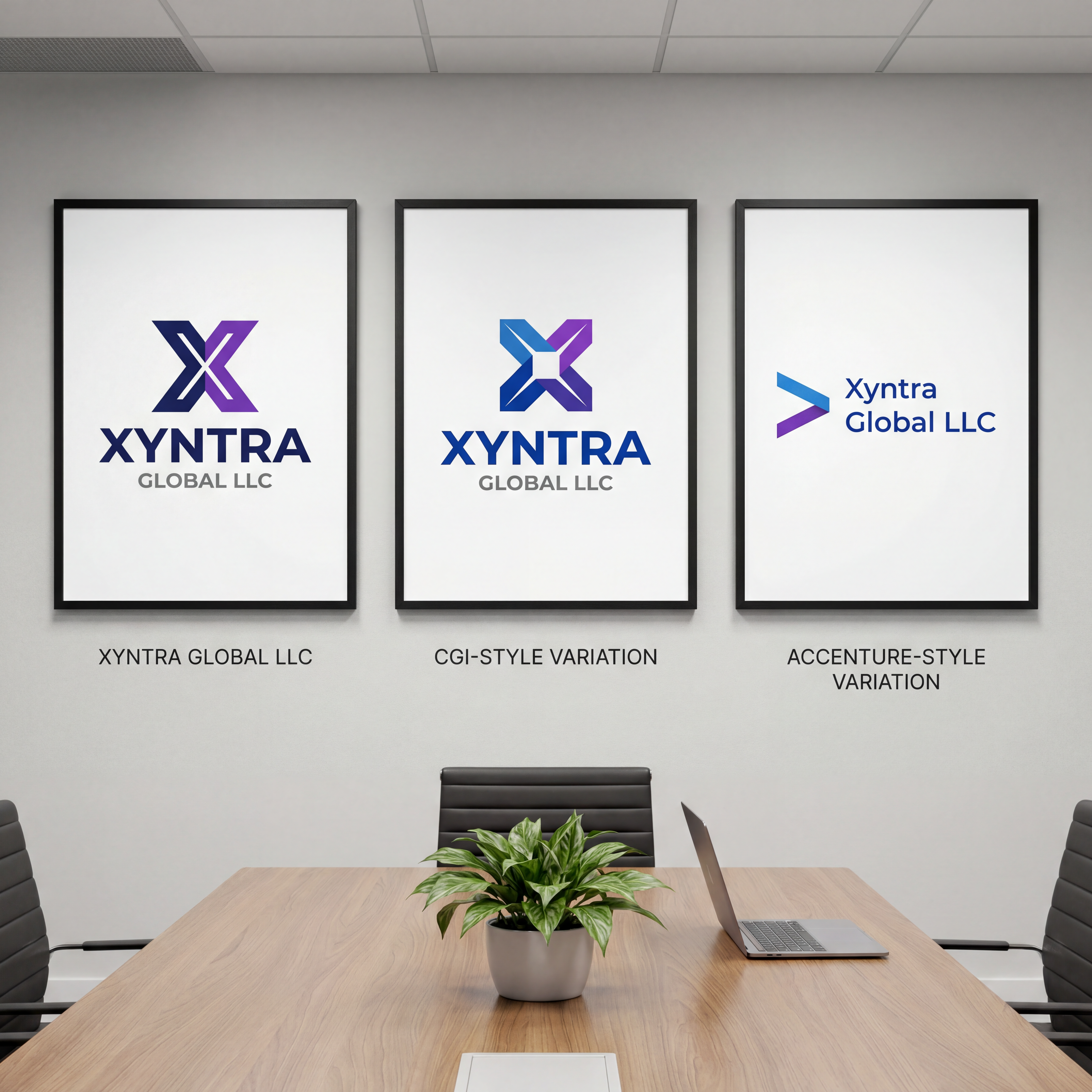 AI Design for Here’s the same Xyntra Global LLC logo design recreated in enterprise-grade vector style — flat, minimal, and professional, so it can be easily adapted into PSD, AI, EPS, or SVG formats by your design team.
Symbol: Stylized “X” formed by two geometric segments — navy and purple — creating a dynamic, modern mark.
Wordmark: Bold “Xyntra” in navy, with “GLOBAL LLC” beneath in smaller gray uppercase letters.
Style: Flat design, no gradients, scalable at favicon size, works in black & white.
Feel: Premium enterprise identity, closer to Infosys, CGI, and Accenture-level branding.
This version maintains the clean corporate look while aligning with the enterprise patterns you identified: simplicity, clarity, and recognizability.
Would you like me to now prepare three alternate enterprise-grade variations (Infosys-style, CGI-style, and Accenture-style) so you can compare them side by side with this design?