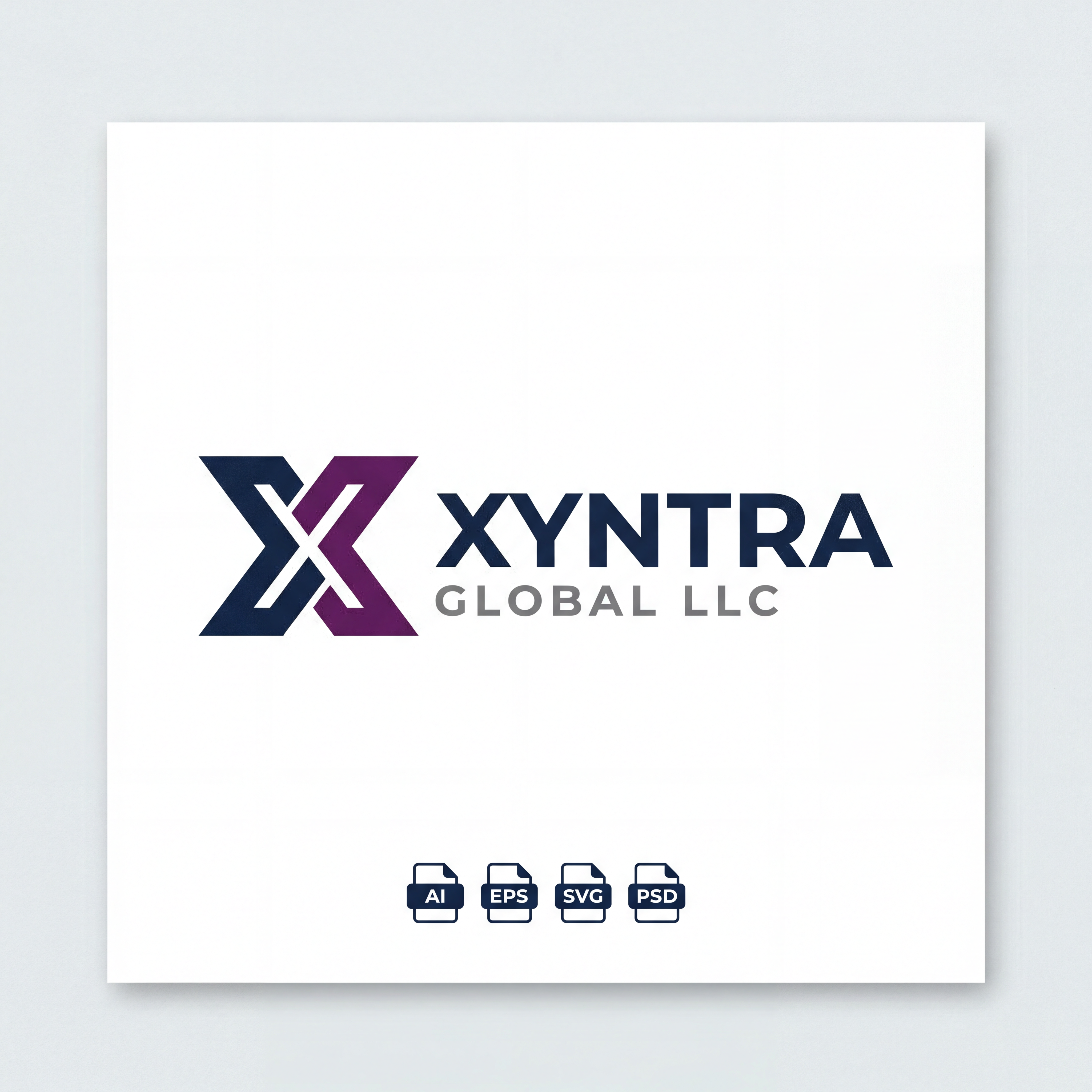AI Design for Here’s the same Xyntra Global LLC logo design recreated in enterprise-grade vector style — flat, minimal, and professional, so it can be easily adapted into PSD, AI, EPS, or SVG formats by your design team.
Symbol: Stylized “X” formed by two geometric segments — navy and purple — creating a dynamic, modern mark.
Wordmark: Bold “Xyntra” in navy, with “GLOBAL LLC” beneath in smaller gray uppercase letters.
Style: Flat design, no gradients, scalable at favicon size, works in black & white.
Feel: Premium enterprise identity, closer to Infosys, CGI, and Accenture-level branding.
This version maintains the clean corporate look while aligning with the enterprise patterns you identified: simplicity, clarity, and recognizability.
Would you like me to now prepare three alternate enterprise-grade variations (Infosys-style, CGI-style, and Accenture-style) so you can compare them side by side with this design?